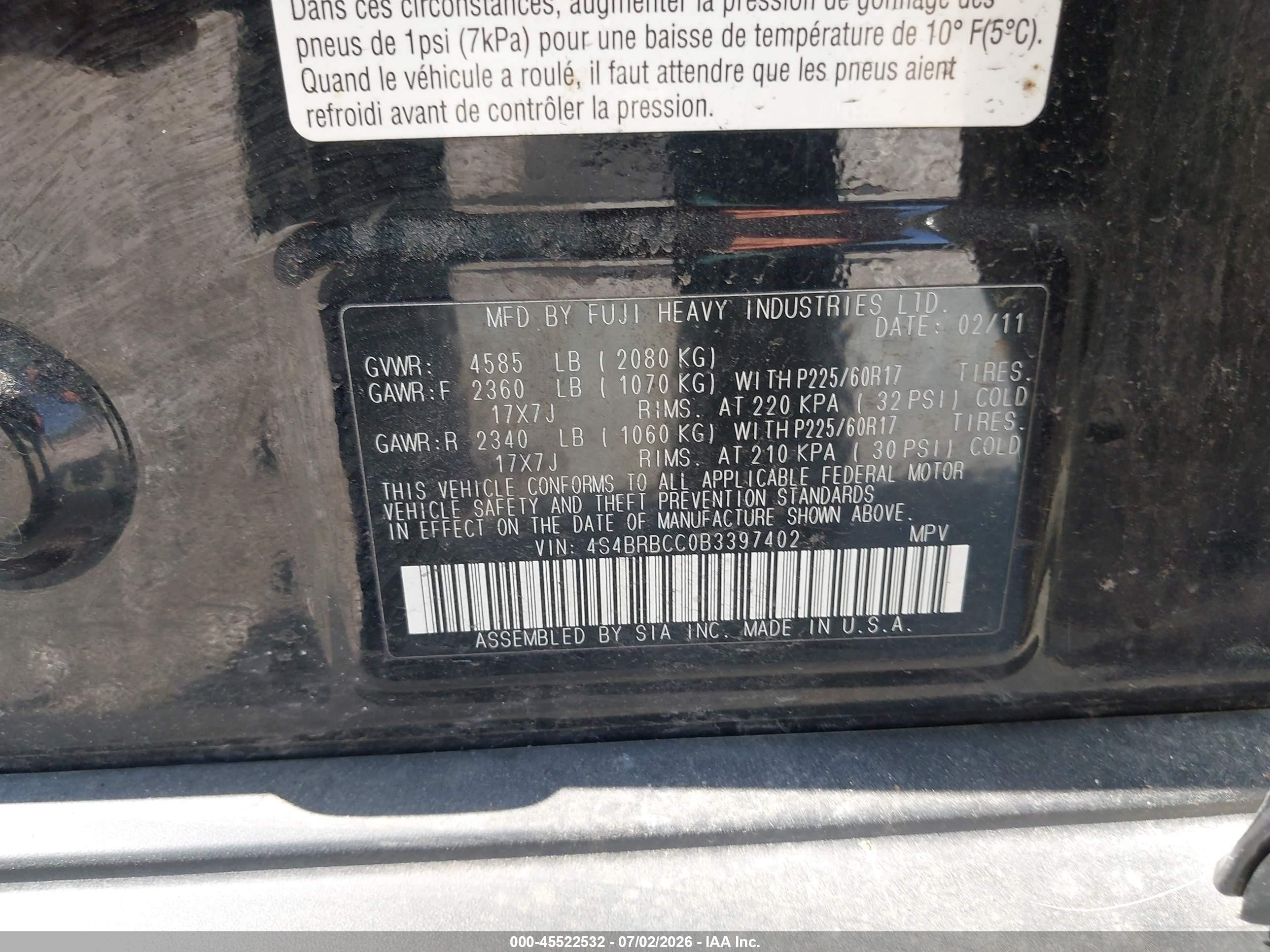 2011 Subaru Outback 2.5i Premium Black vin: 4S4BRBCC0B3397402