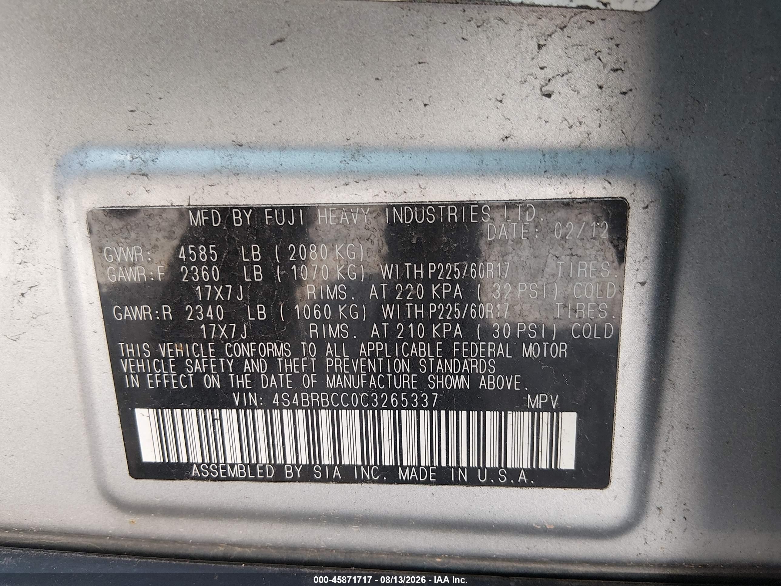 2012 Subaru Outback 2.5i Premium Light Blue vin: 4S4BRBCC0C3265337