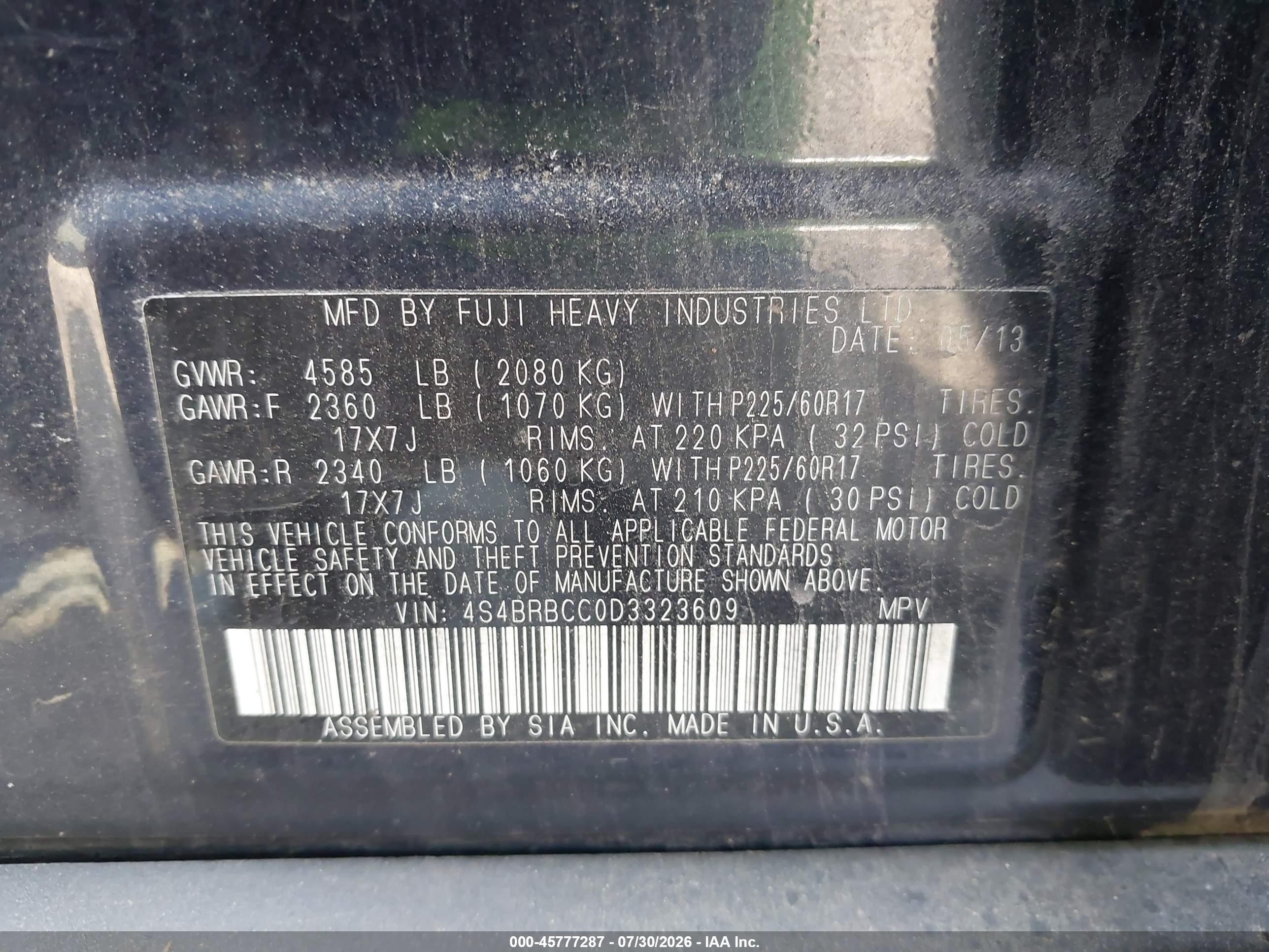 2013 Subaru Outback 2.5i Premium Blue vin: 4S4BRBCC0D3323609