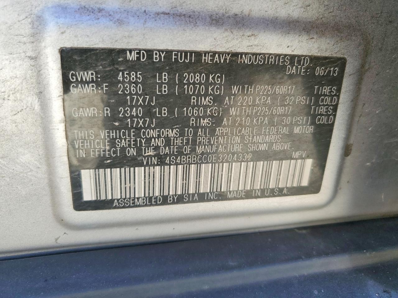 2014 Subaru Outback 2.5i Premium Silver vin: 4S4BRBCC0E3204332
