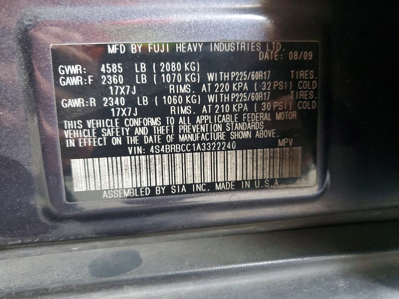 2010 Subaru Outback 2.5i Premium Charcoal vin: 4S4BRBCC1A3322240
