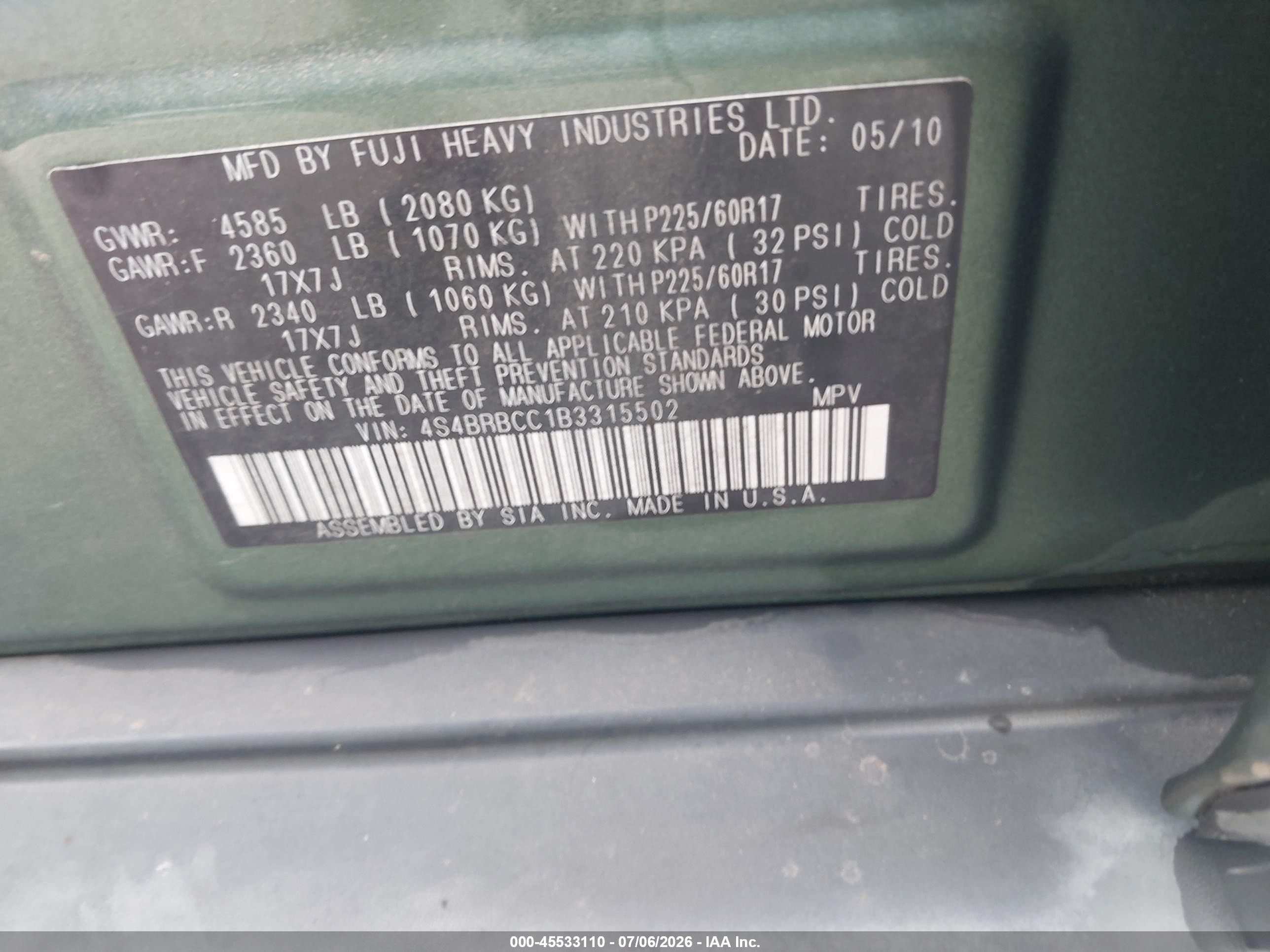 2011 Subaru Outback 2.5i Premium Green vin: 4S4BRBCC1B3315502