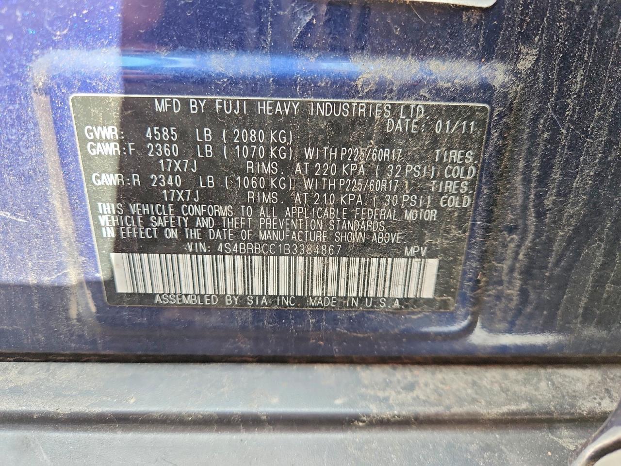 2011 Subaru Outback 2.5i Premium Синий vin: 4S4BRBCC1B3384867