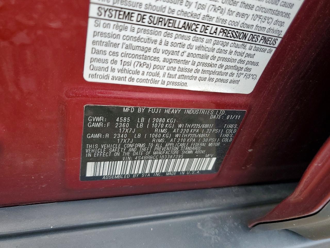 2011 Subaru Outback 2.5i Premium Red vin: 4S4BRBCC1B3387395