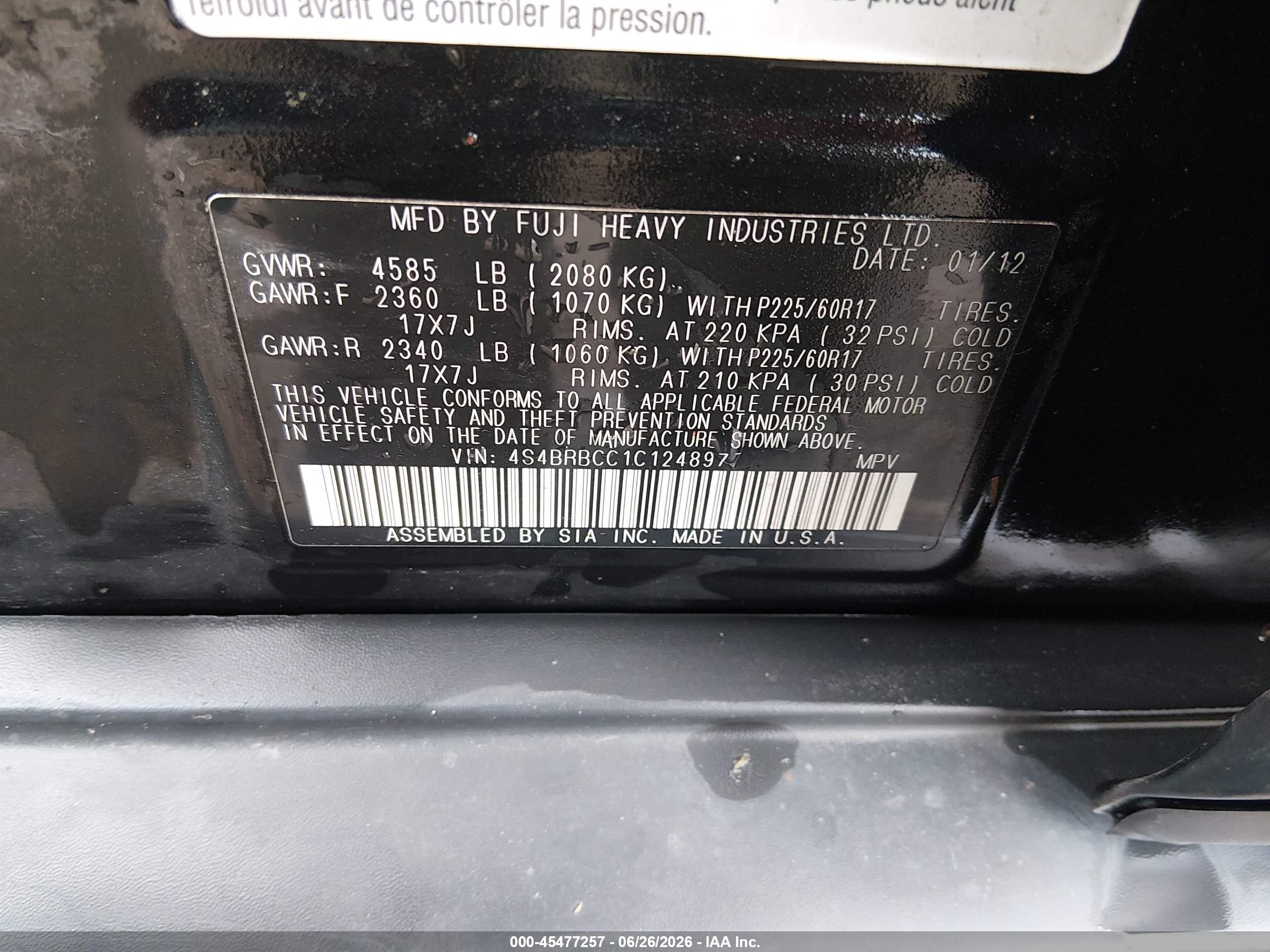 2012 Subaru Outback 2.5i Premium Black vin: 4S4BRBCC1C1248977