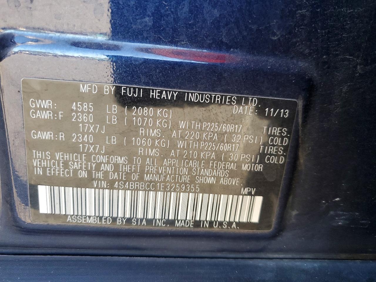 2014 Subaru Outback 2.5i Premium Blue vin: 4S4BRBCC1E3259355