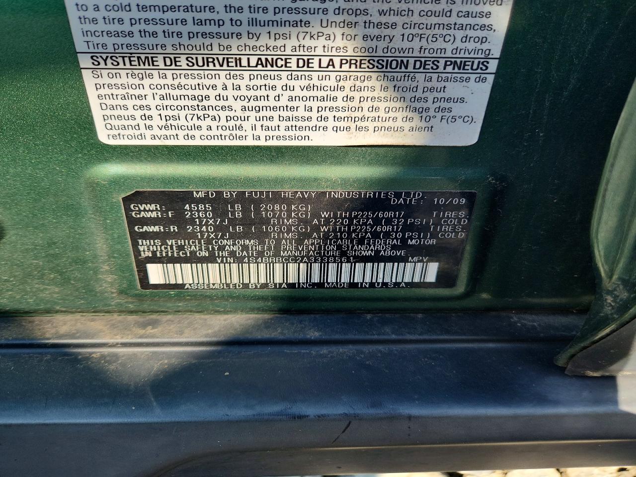 2010 Subaru Outback 2.5i Premium Green vin: 4S4BRBCC2A3338561