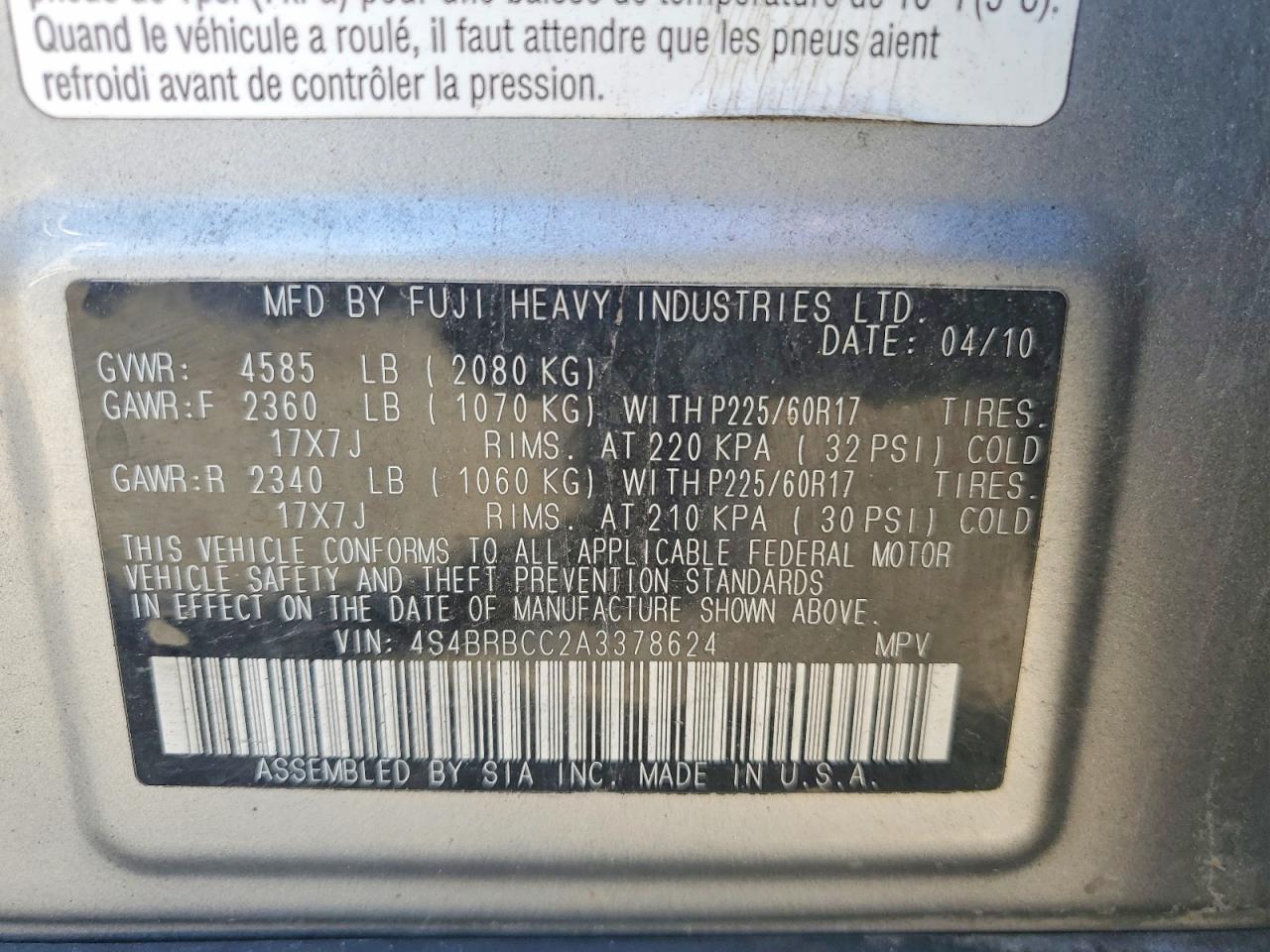 2010 Subaru Outback Silver vin: 4S4BRBCC2A3378624
