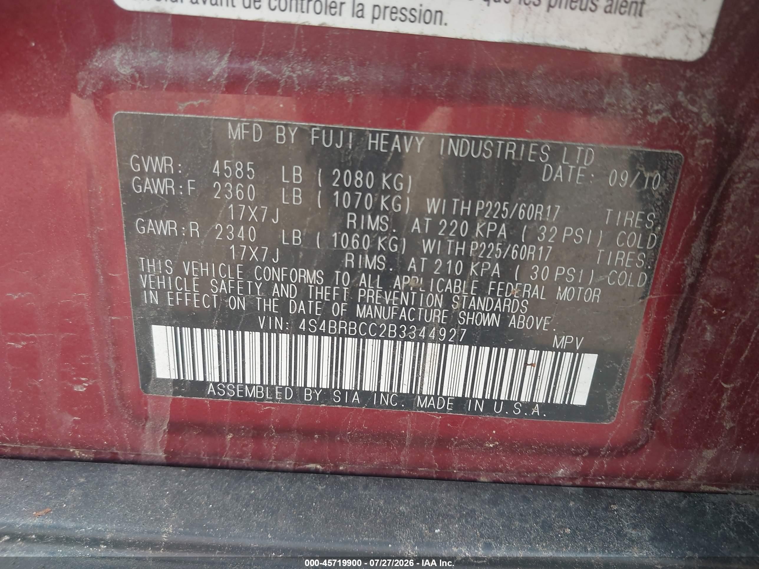 2011 Subaru Outback 2.5i Premium Red vin: 4S4BRBCC2B3344927