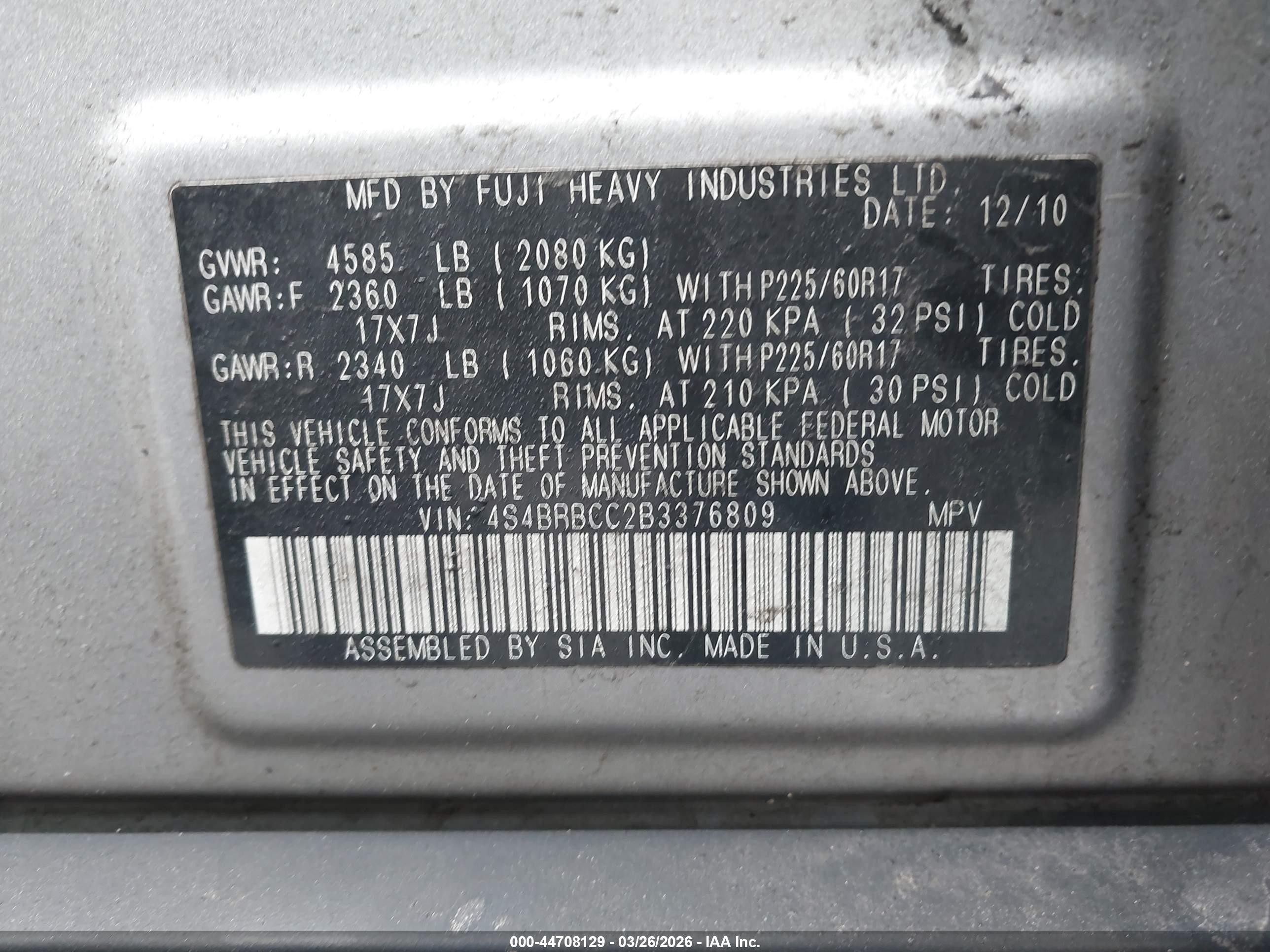 2011 Subaru Outback 2.5i Premium Silver vin: 4S4BRBCC2B3376809
