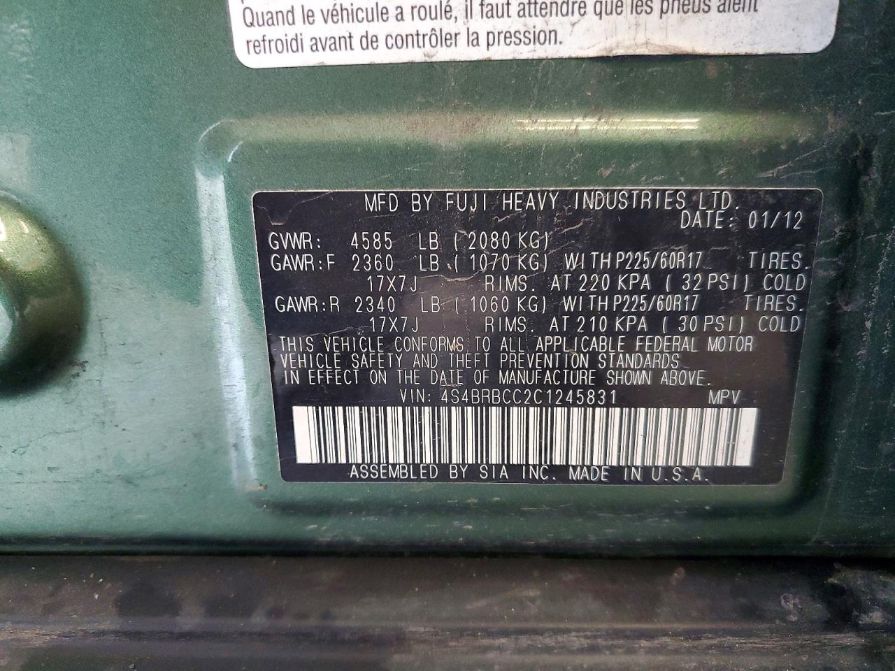 2012 Subaru Outback 2.5i Premium Green vin: 4S4BRBCC2C1245831