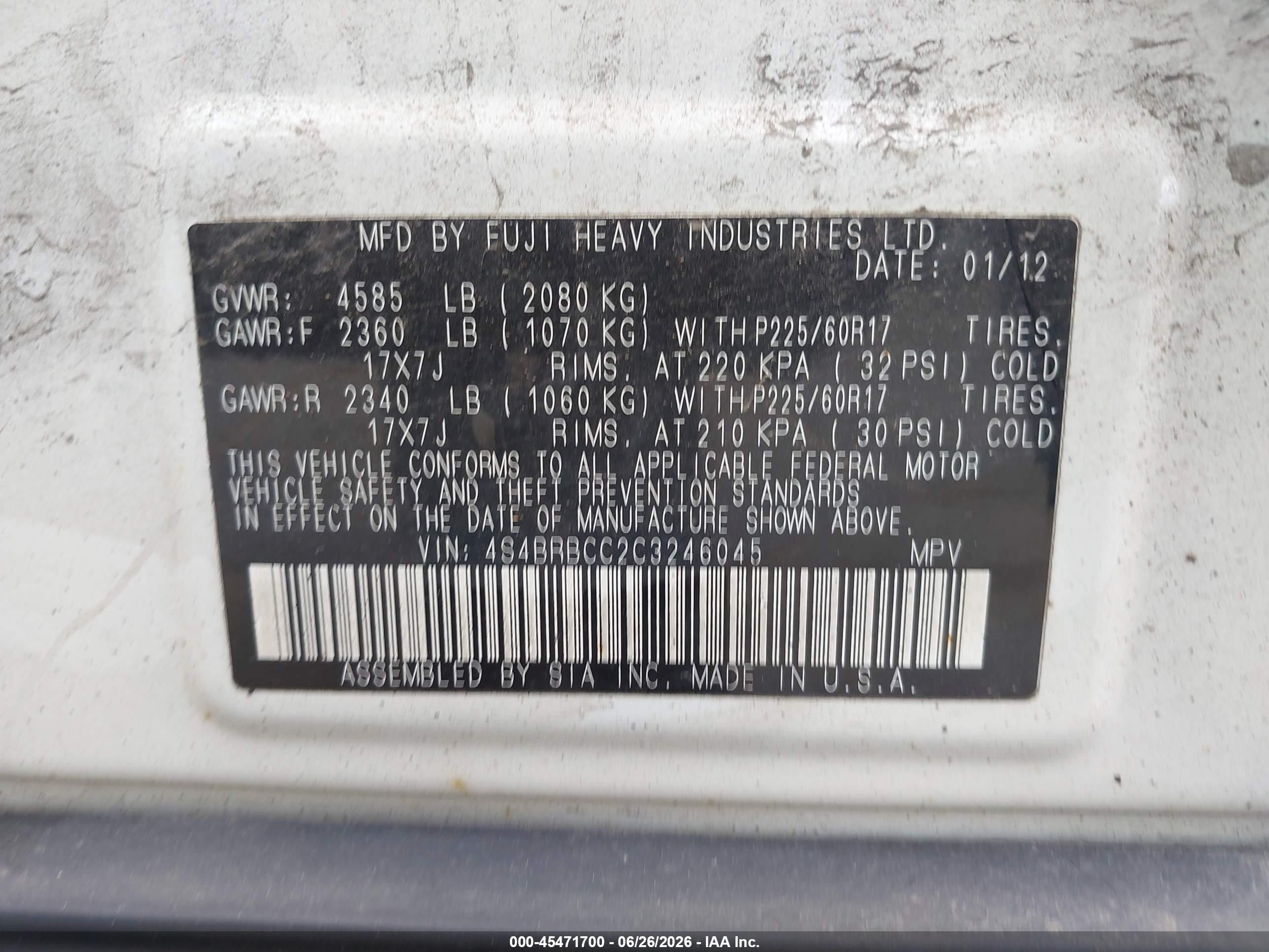 2012 Subaru Outback 2.5i Premium White vin: 4S4BRBCC2C3246045