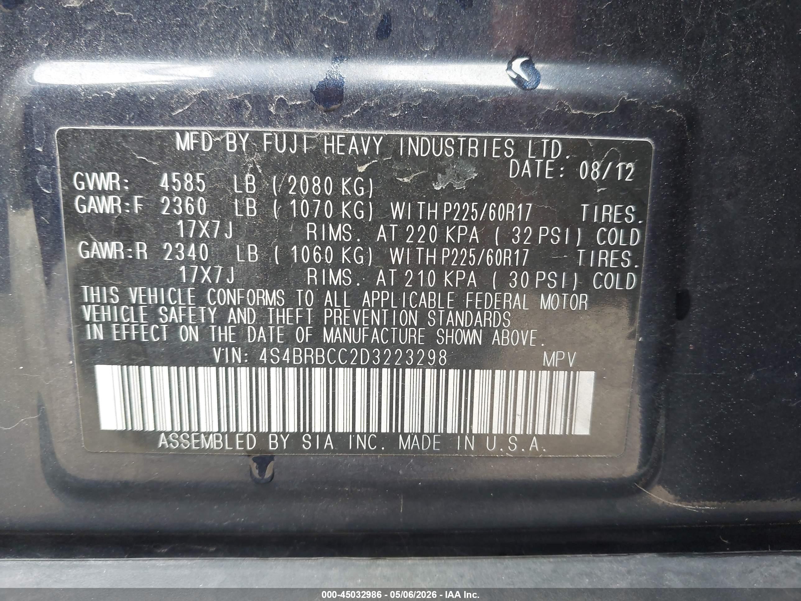 2013 Subaru Outback 2.5i Premium Dark Blue vin: 4S4BRBCC2D3223298