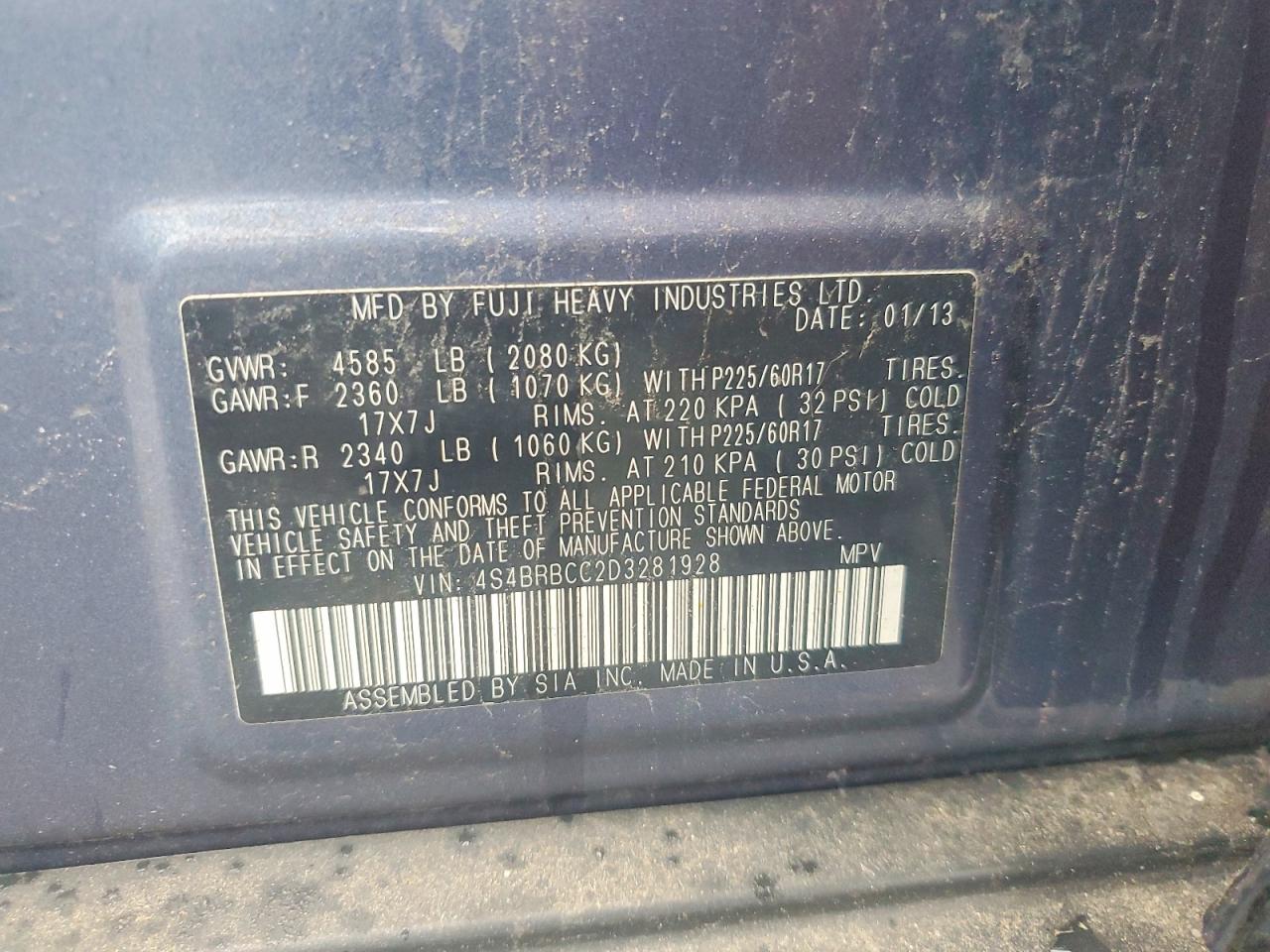 2013 Subaru Outback 2.5i Premium Blue vin: 4S4BRBCC2D3281928