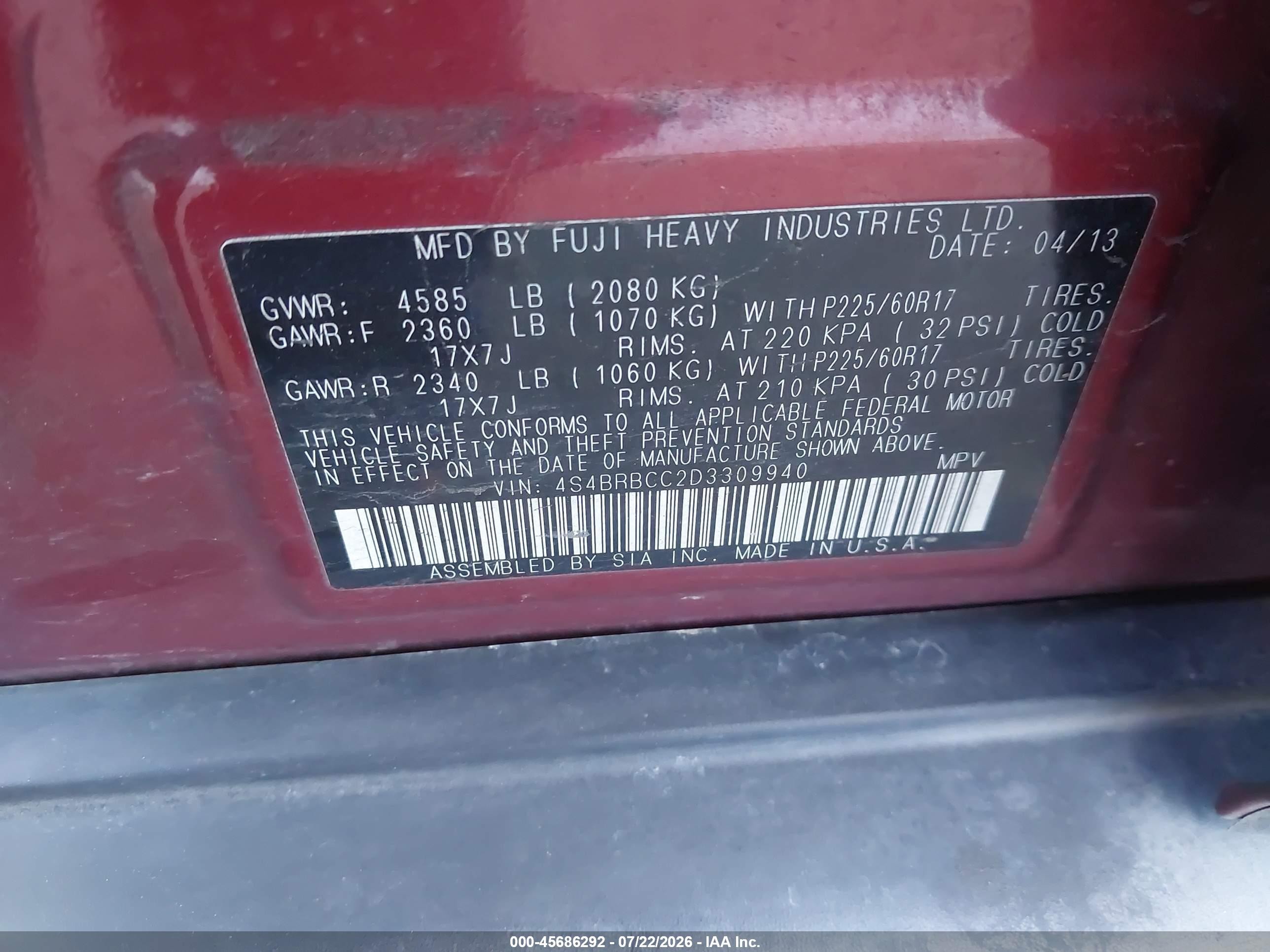 2013 Subaru Outback 2.5i Premium Red vin: 4S4BRBCC2D3309940