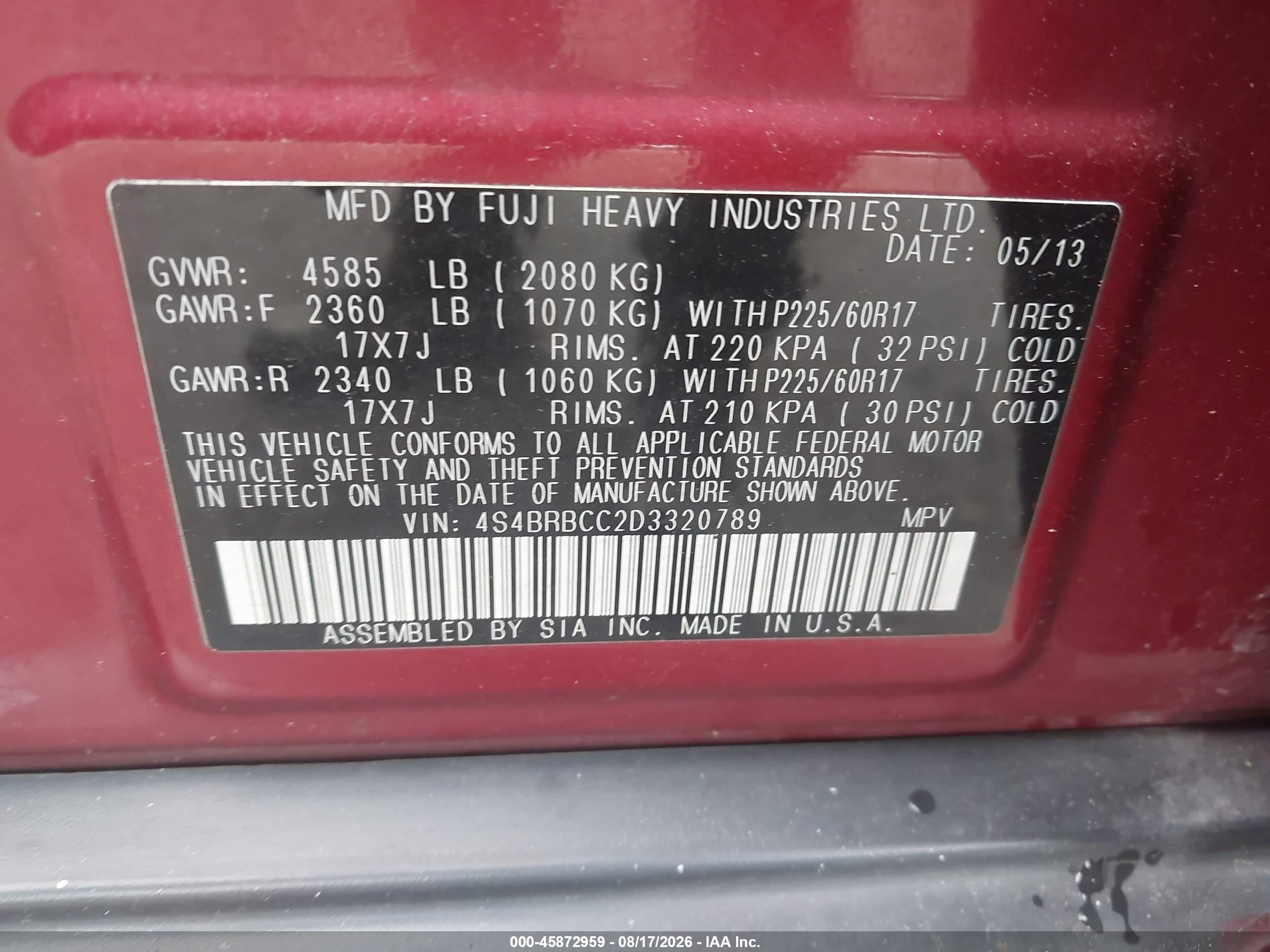 2013 Subaru Outback 2.5i Premium Red vin: 4S4BRBCC2D3320789