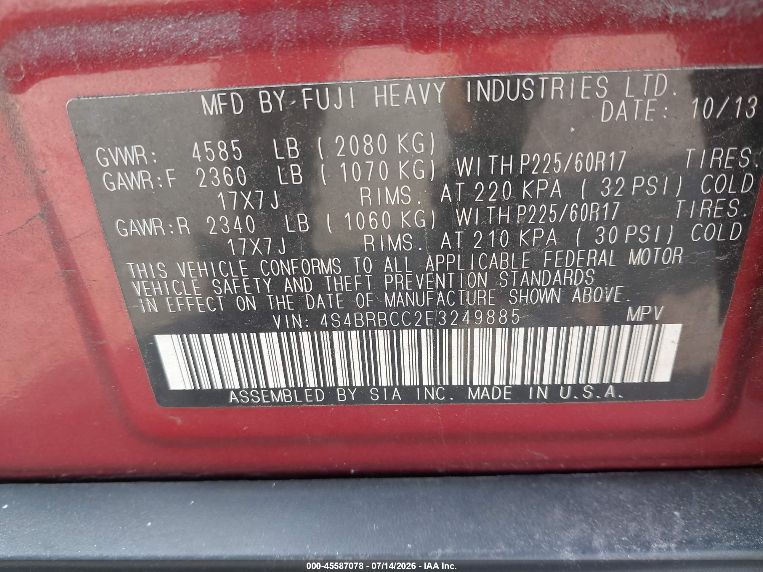 2014 Subaru Outback 2.5i Premium Red vin: 4S4BRBCC2E3249885