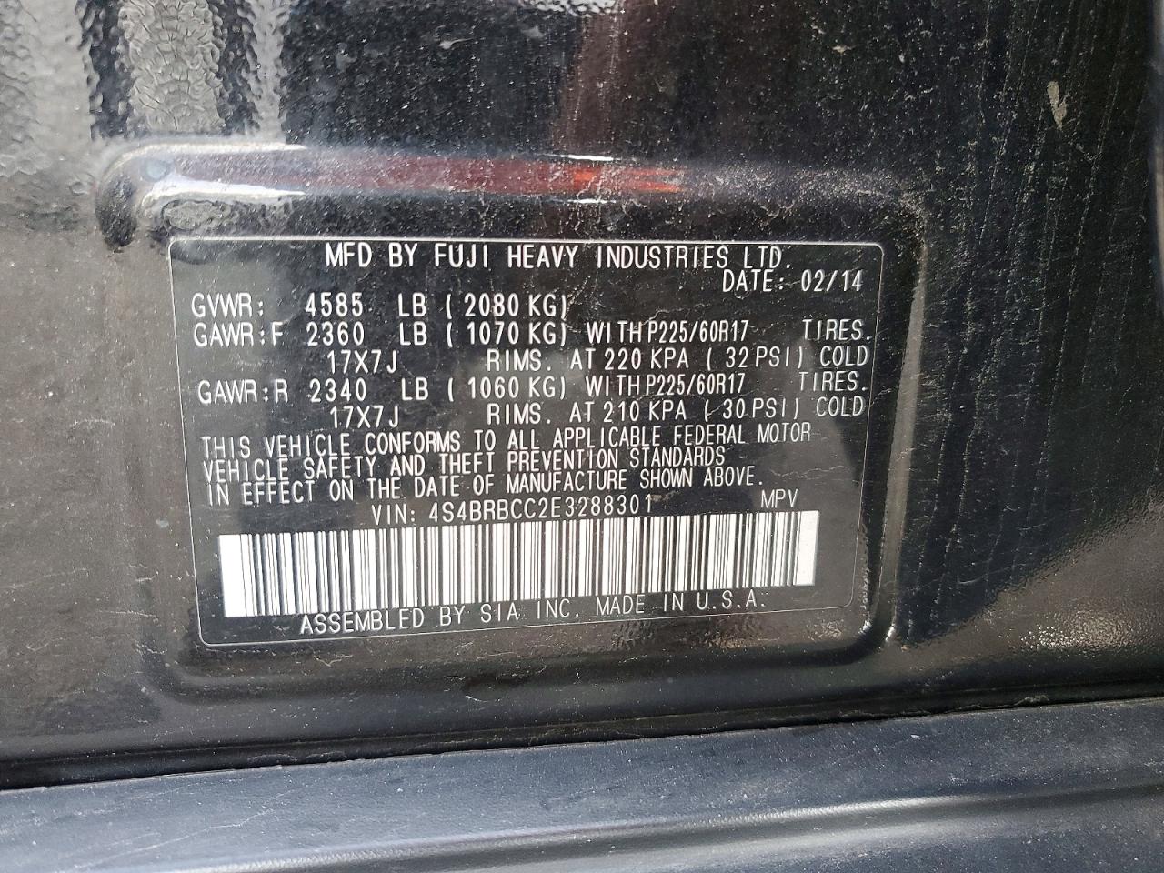2014 Subaru Outback 2.5i Premium Black vin: 4S4BRBCC2E3288301