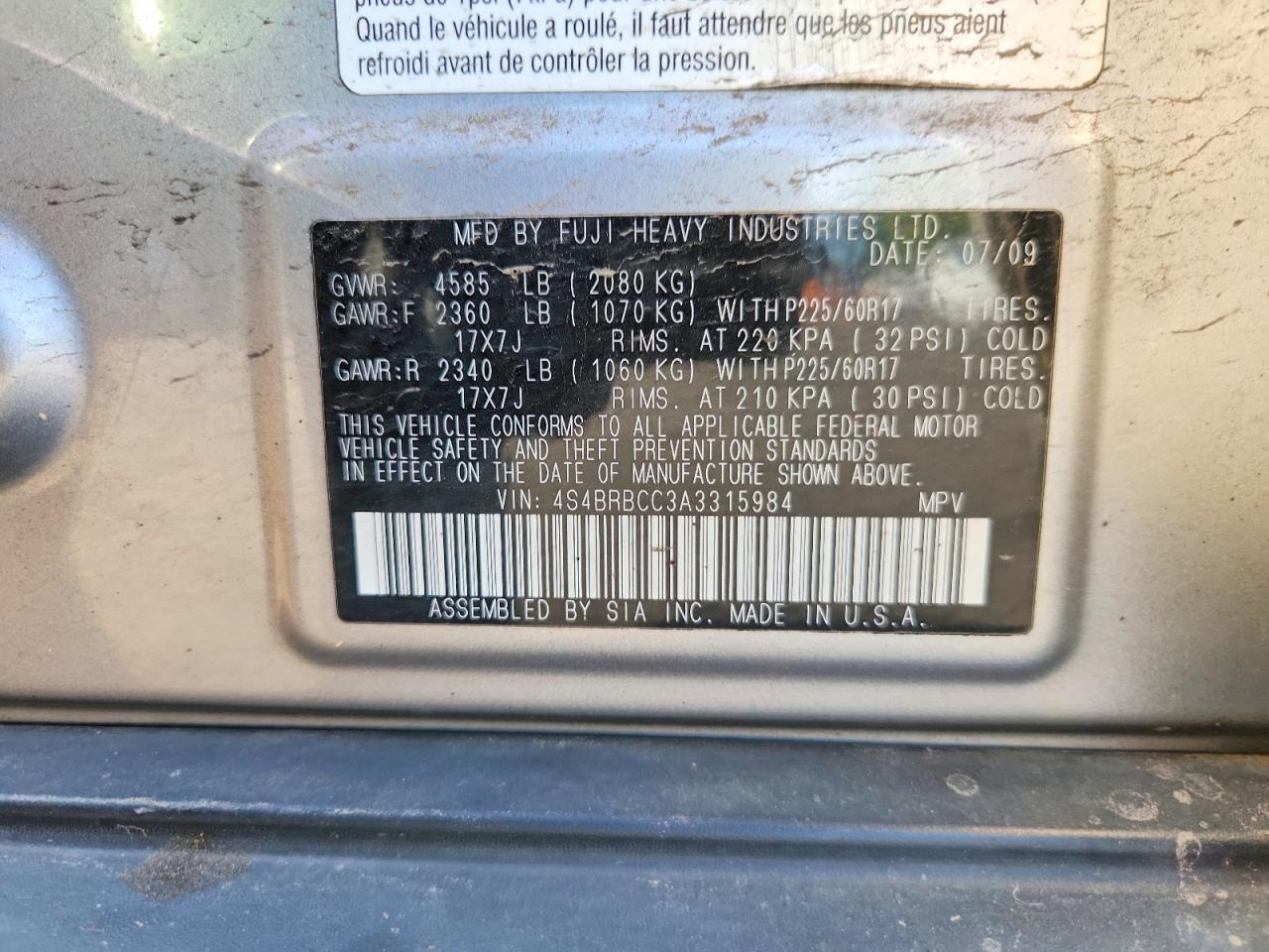 2010 Subaru Outback 2.5i Premium Silver vin: 4S4BRBCC3A3315984