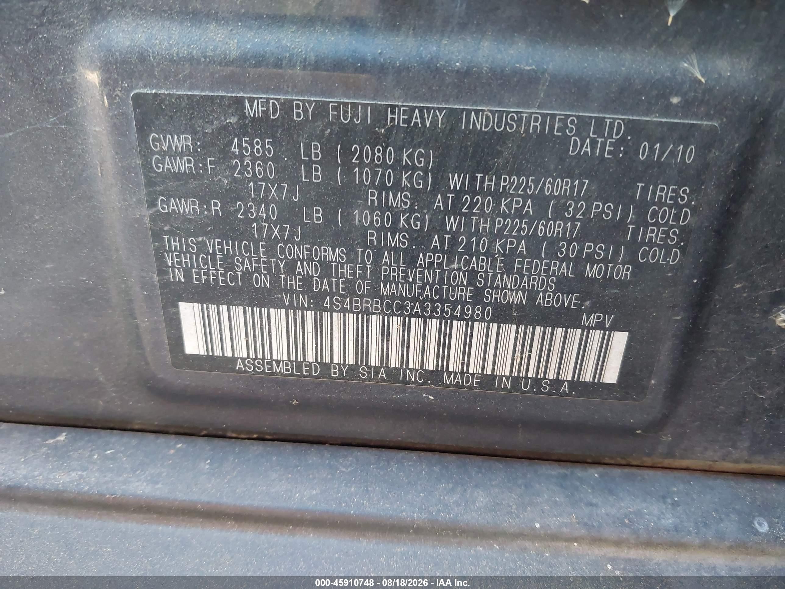 2010 Subaru Outback 2.5i Premium Black vin: 4S4BRBCC3A3354980