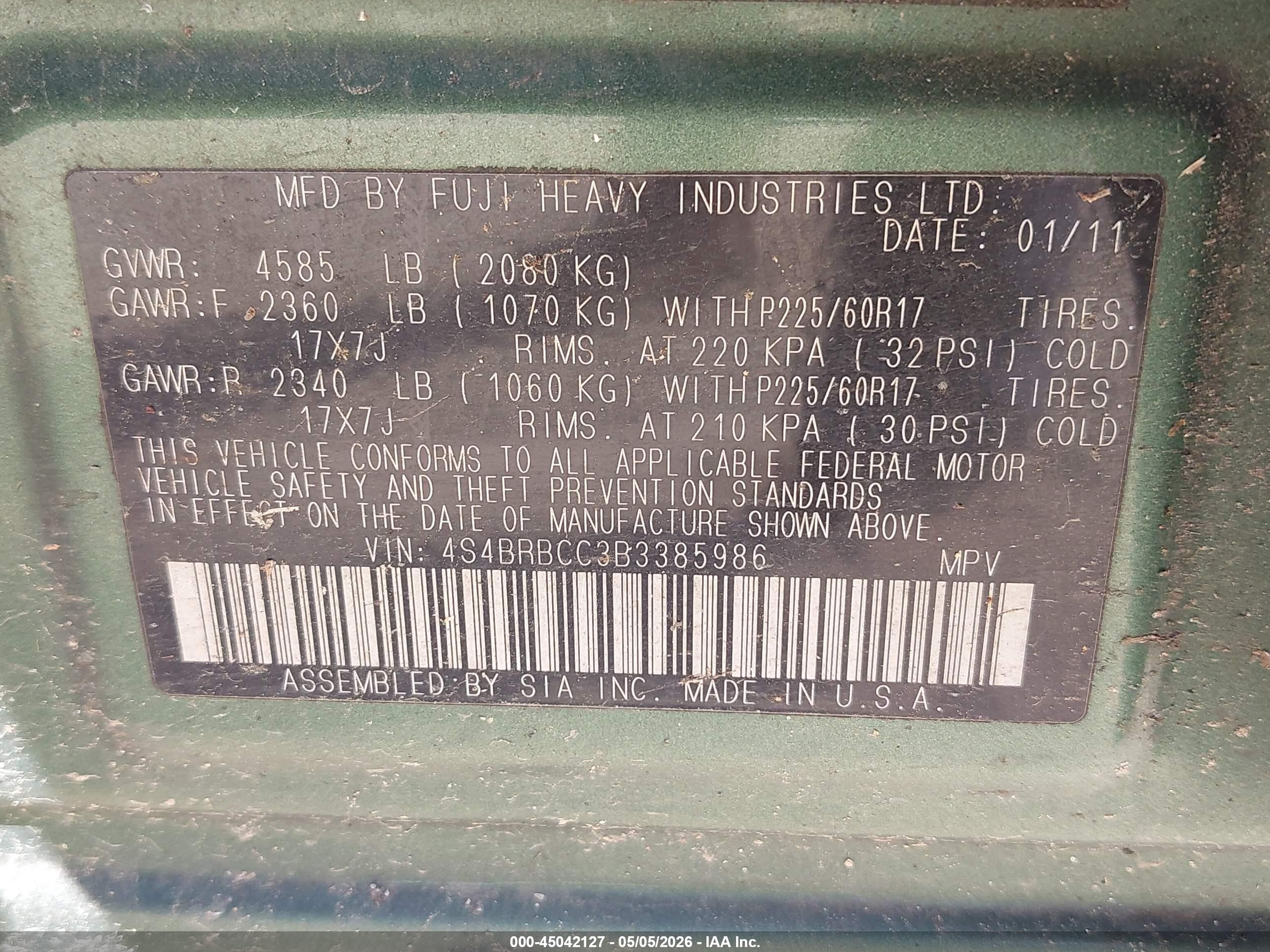 2011 Subaru Outback 2.5i Premium Green vin: 4S4BRBCC3B3385986