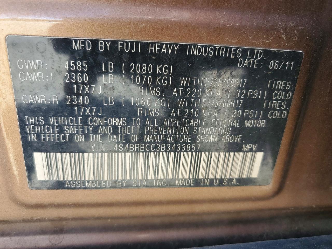 2011 Subaru Outback 2.5i Premium Tan vin: 4S4BRBCC3B3433857