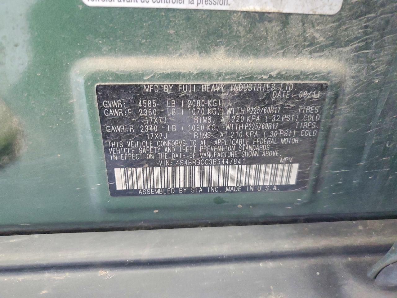 2011 Subaru Outback 2.5i Premium Green vin: 4S4BRBCC3B3447841