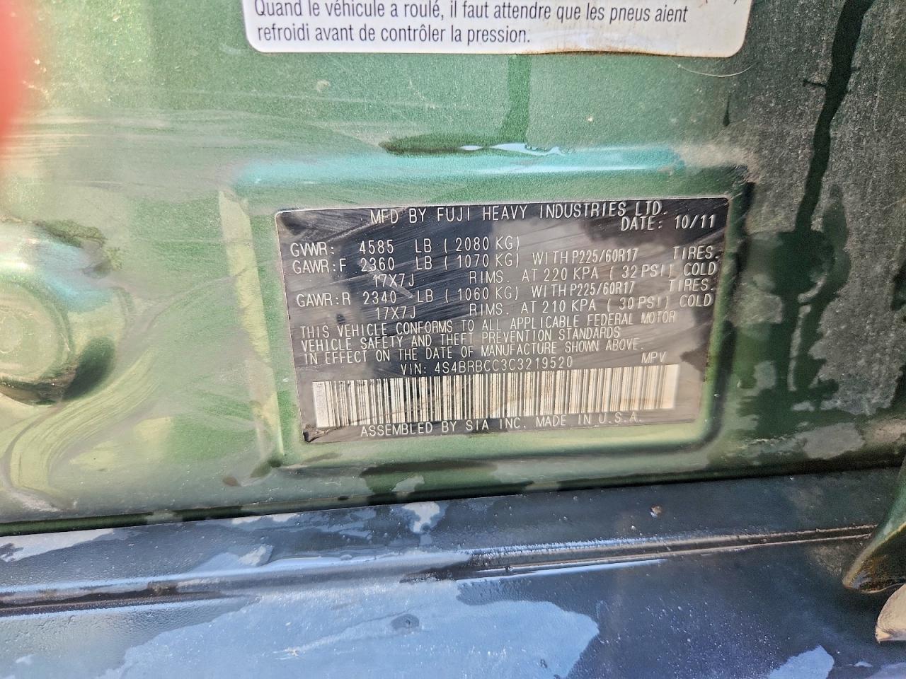 2012 Subaru Outback 2. Green vin: 4S4BRBCC3C3219520