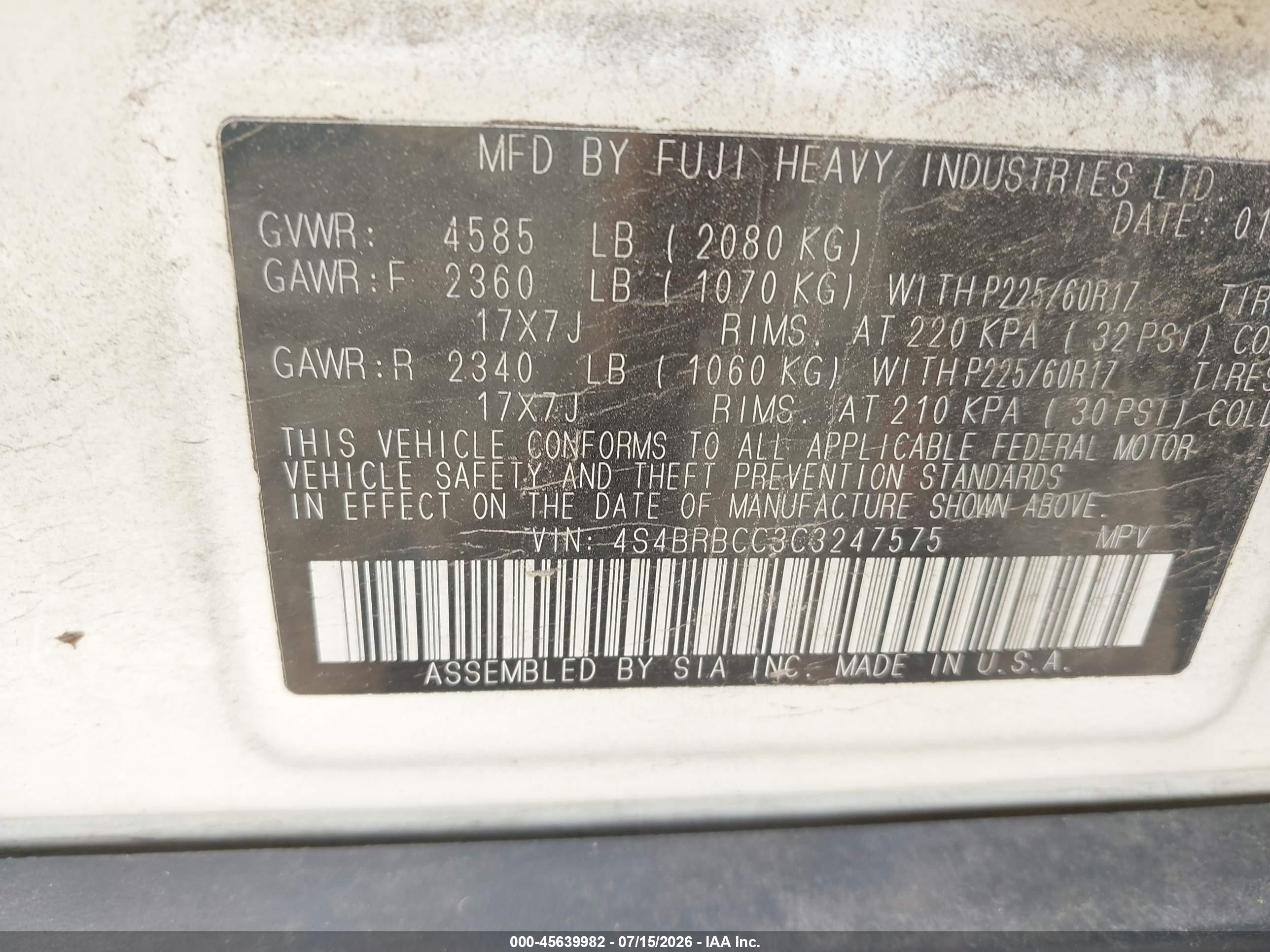 2012 Subaru Outback 2.5i Premium Белый vin: 4S4BRBCC3C3247575