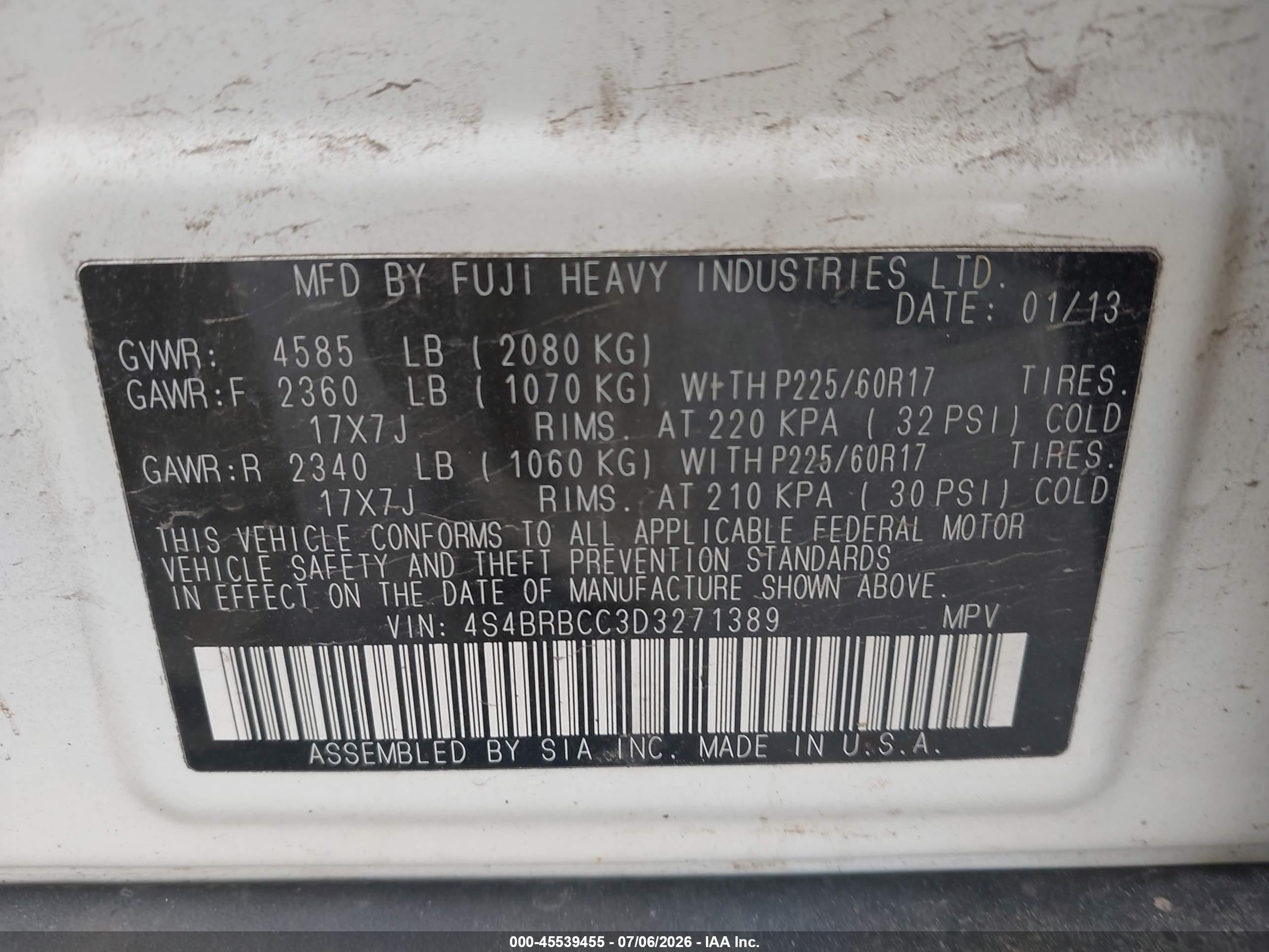 2013 Subaru Outback 2.5i Premium White vin: 4S4BRBCC3D3271389