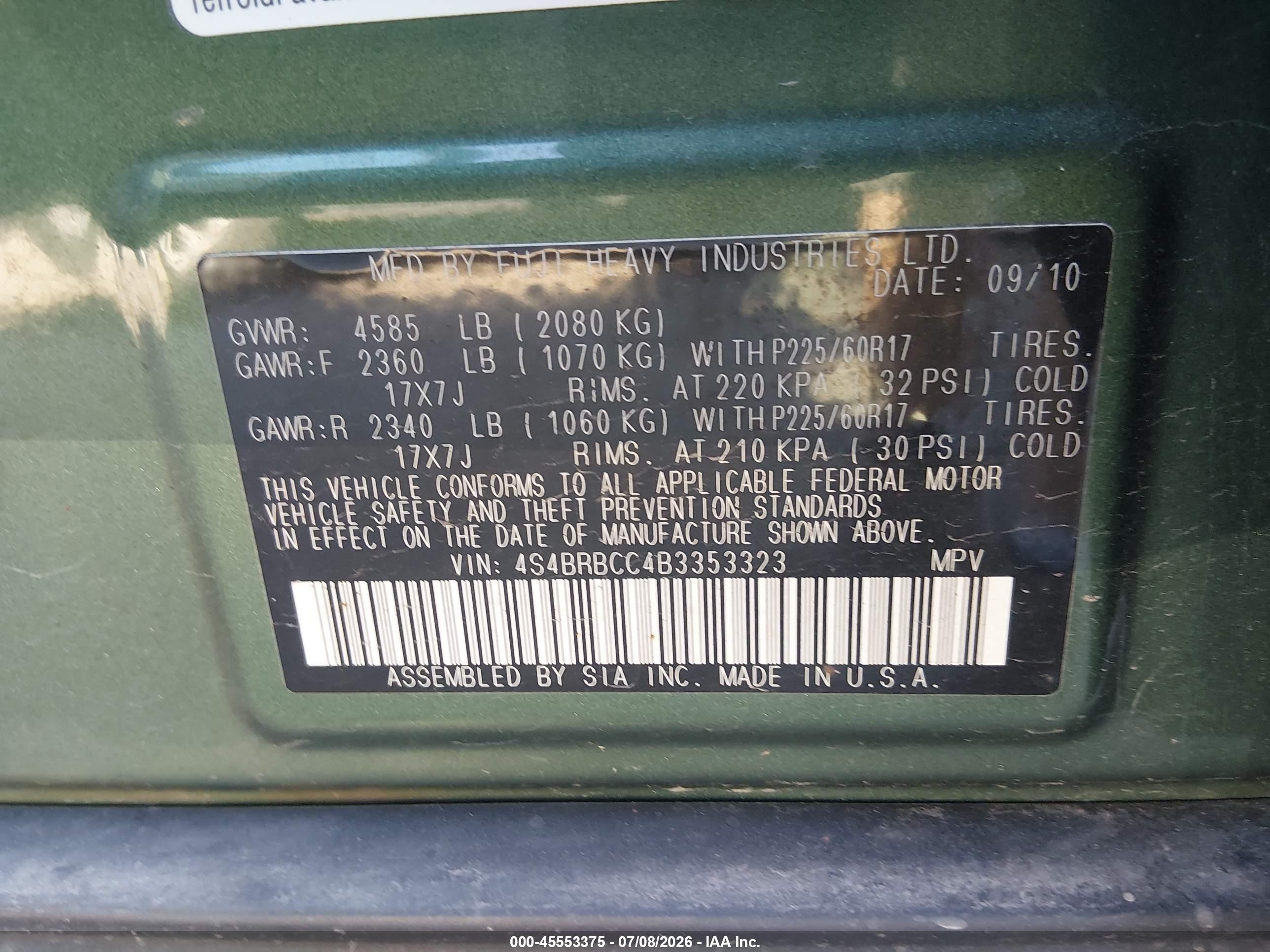 2011 Subaru Outback 2.5i Premium Green vin: 4S4BRBCC4B3353323