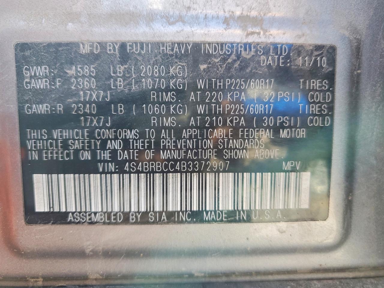 2011 Subaru Outback 2.5i Premium Silver vin: 4S4BRBCC4B3372907
