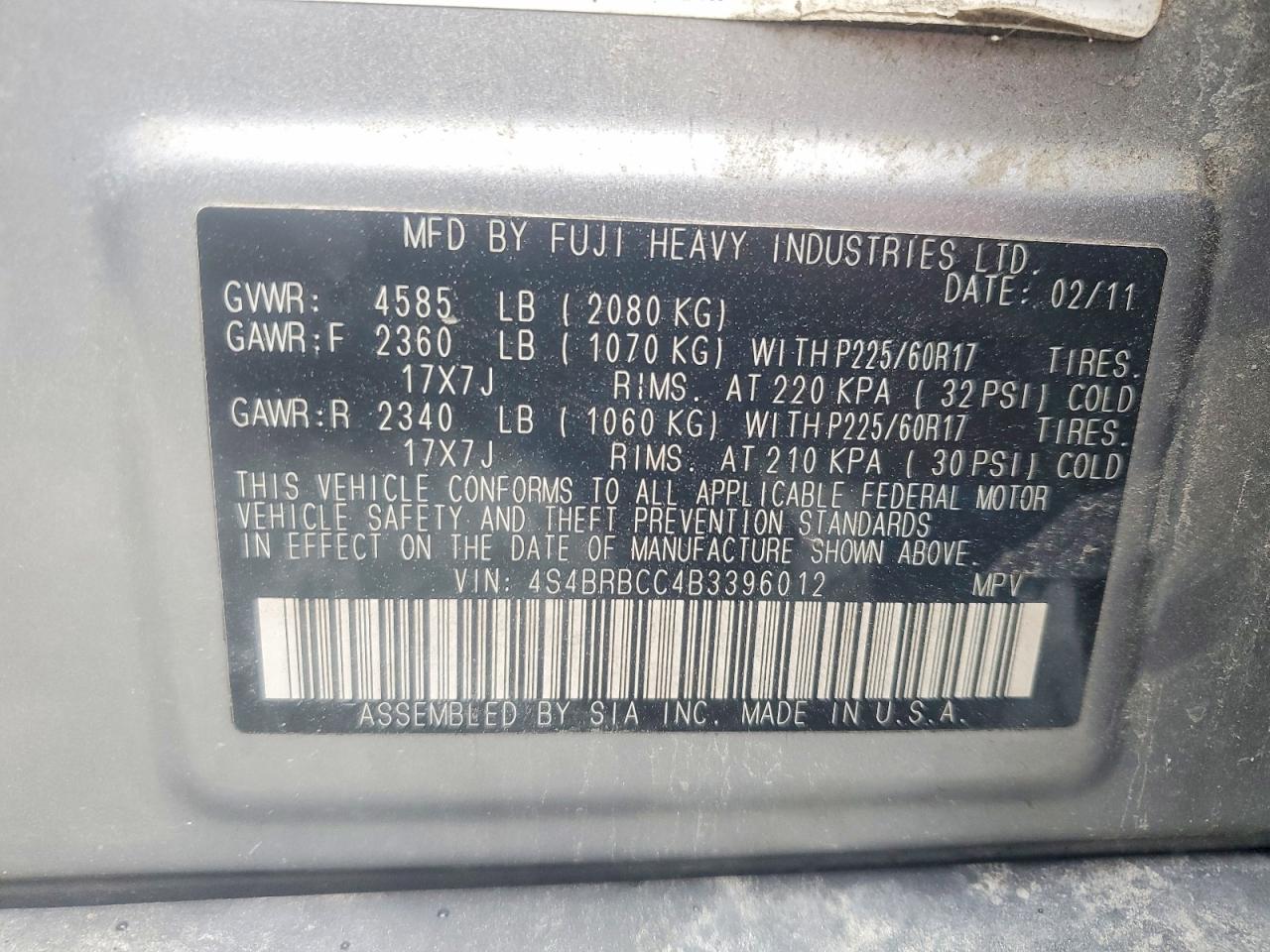 2011 Subaru Outback 2.5i Premium Серебряный vin: 4S4BRBCC4B3396012