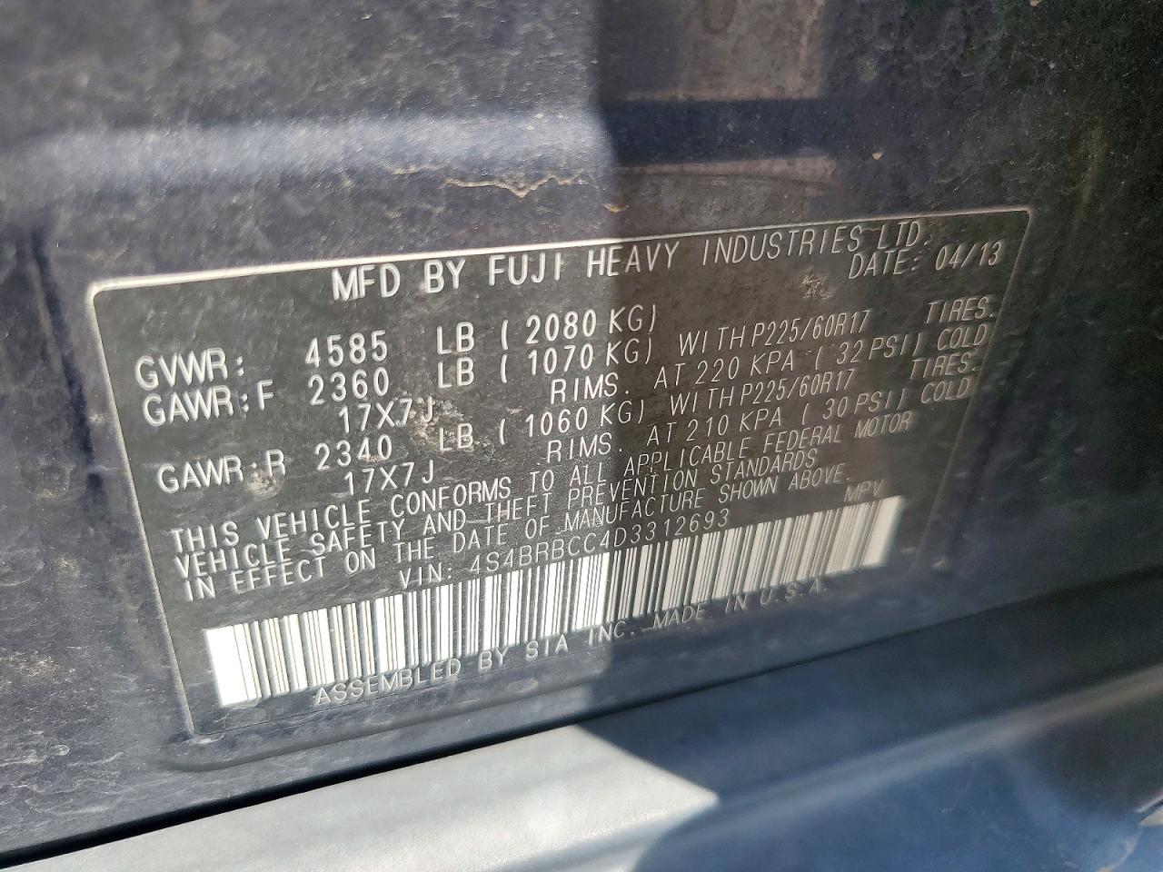 2013 Subaru Outback 2.5i Premium Синий vin: 4S4BRBCC4D3312693