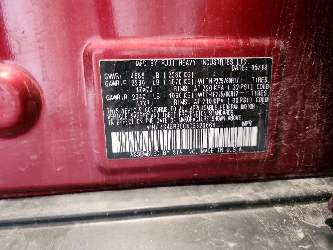 2013 Subaru Outback 2.5i Premium Red vin: 4S4BRBCC4D3320664