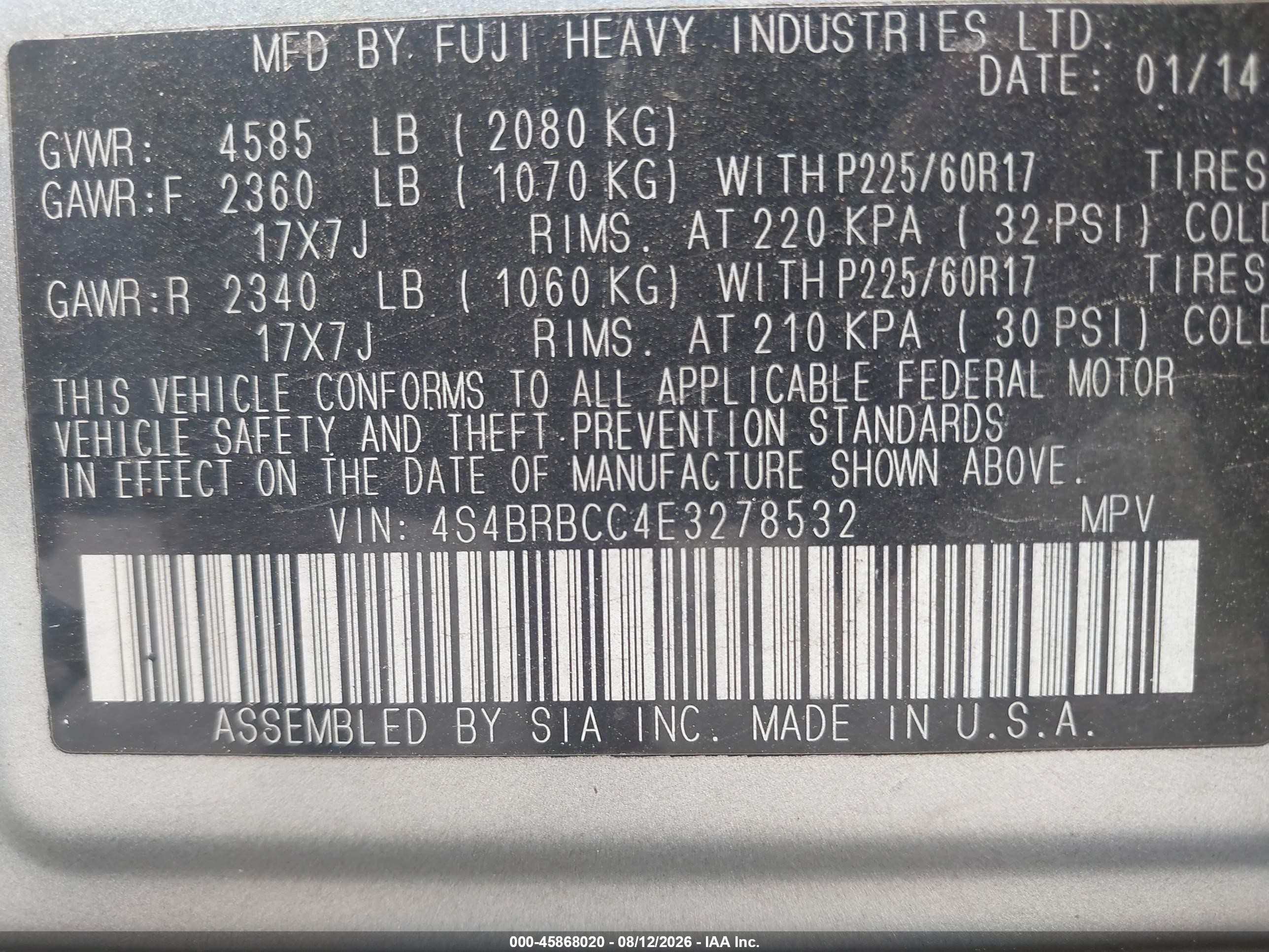 2014 Subaru Outback 2.5i Premium Silver vin: 4S4BRBCC4E3278532