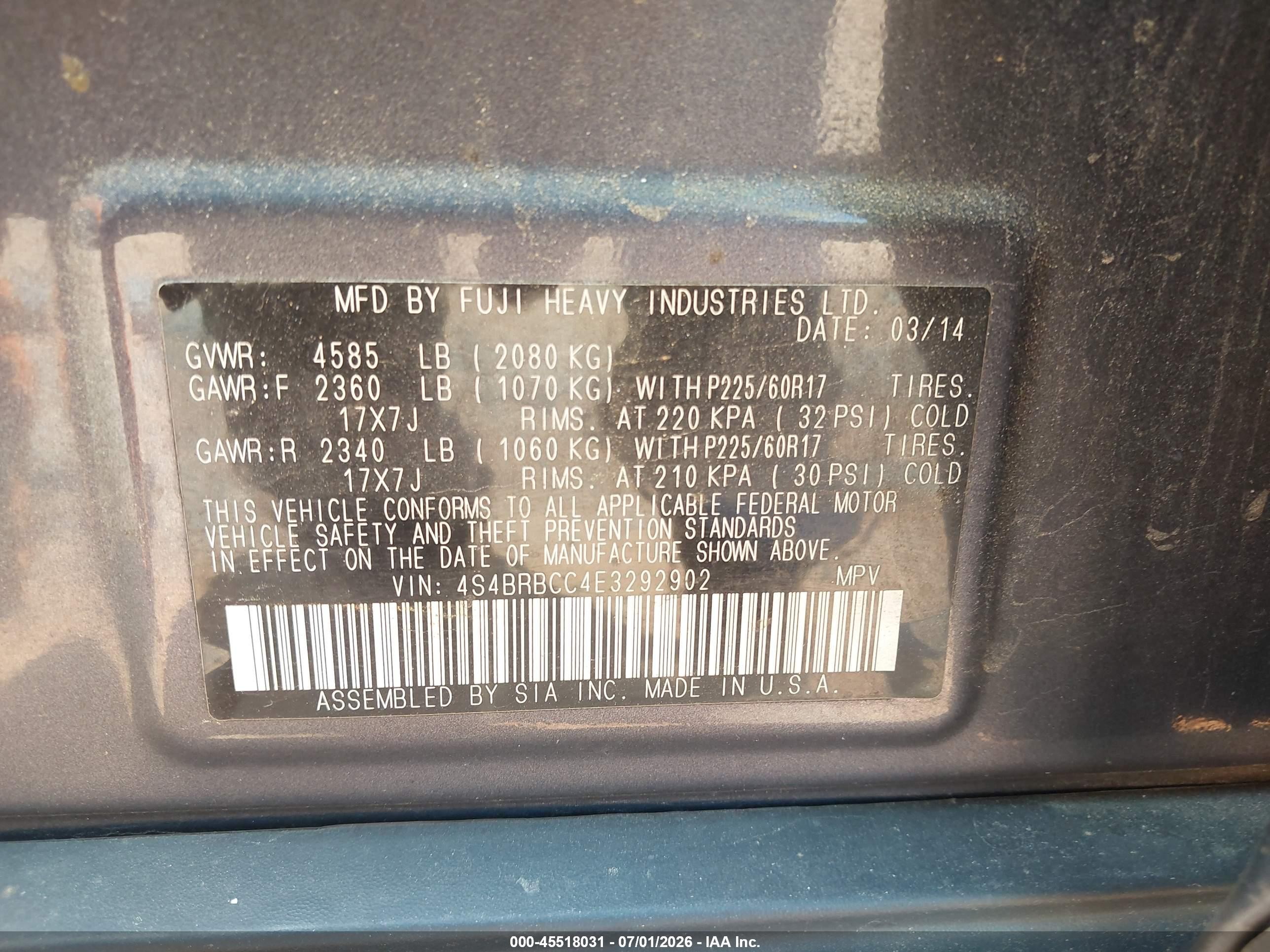 2014 Subaru Outback 2.5i Premium Blue vin: 4S4BRBCC4E3292902