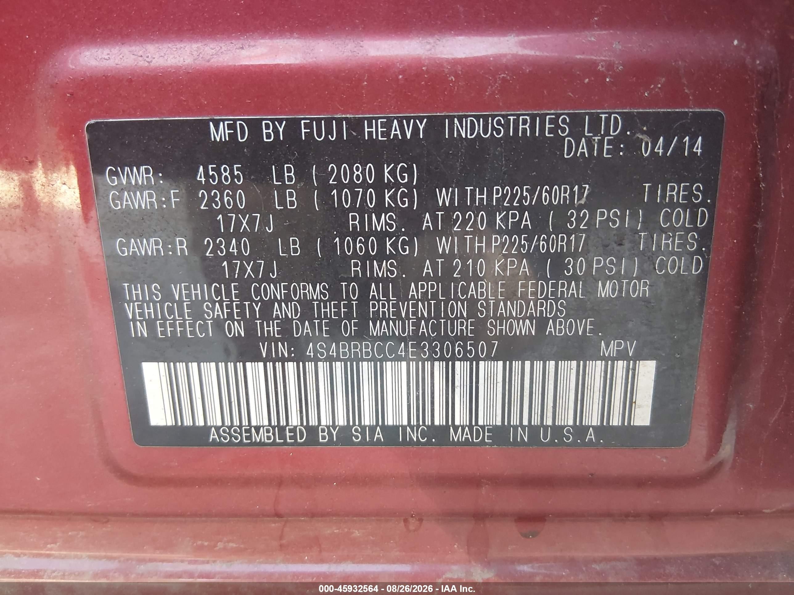 2014 Subaru Outback 2.5i Premium Red vin: 4S4BRBCC4E3306507