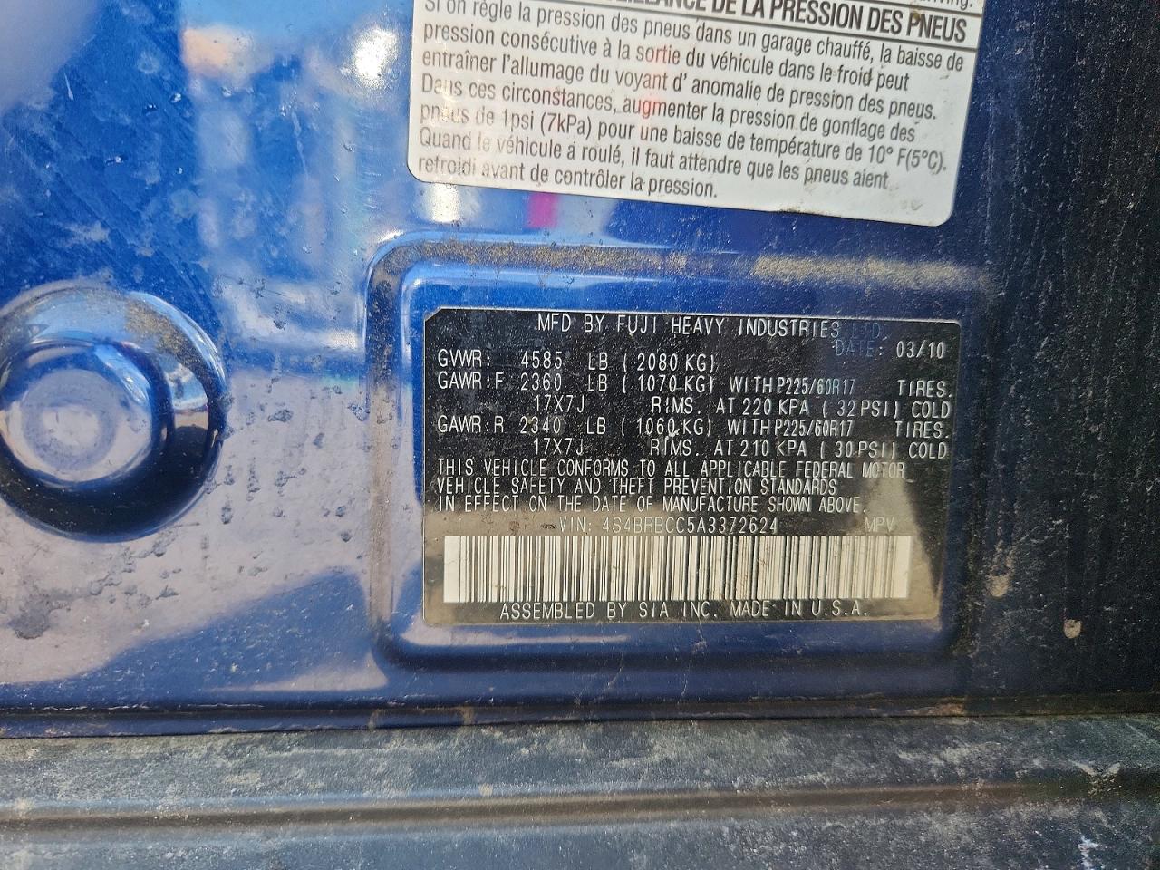 2010 Subaru Outback 2.5i Premium Blue vin: 4S4BRBCC5A3372624