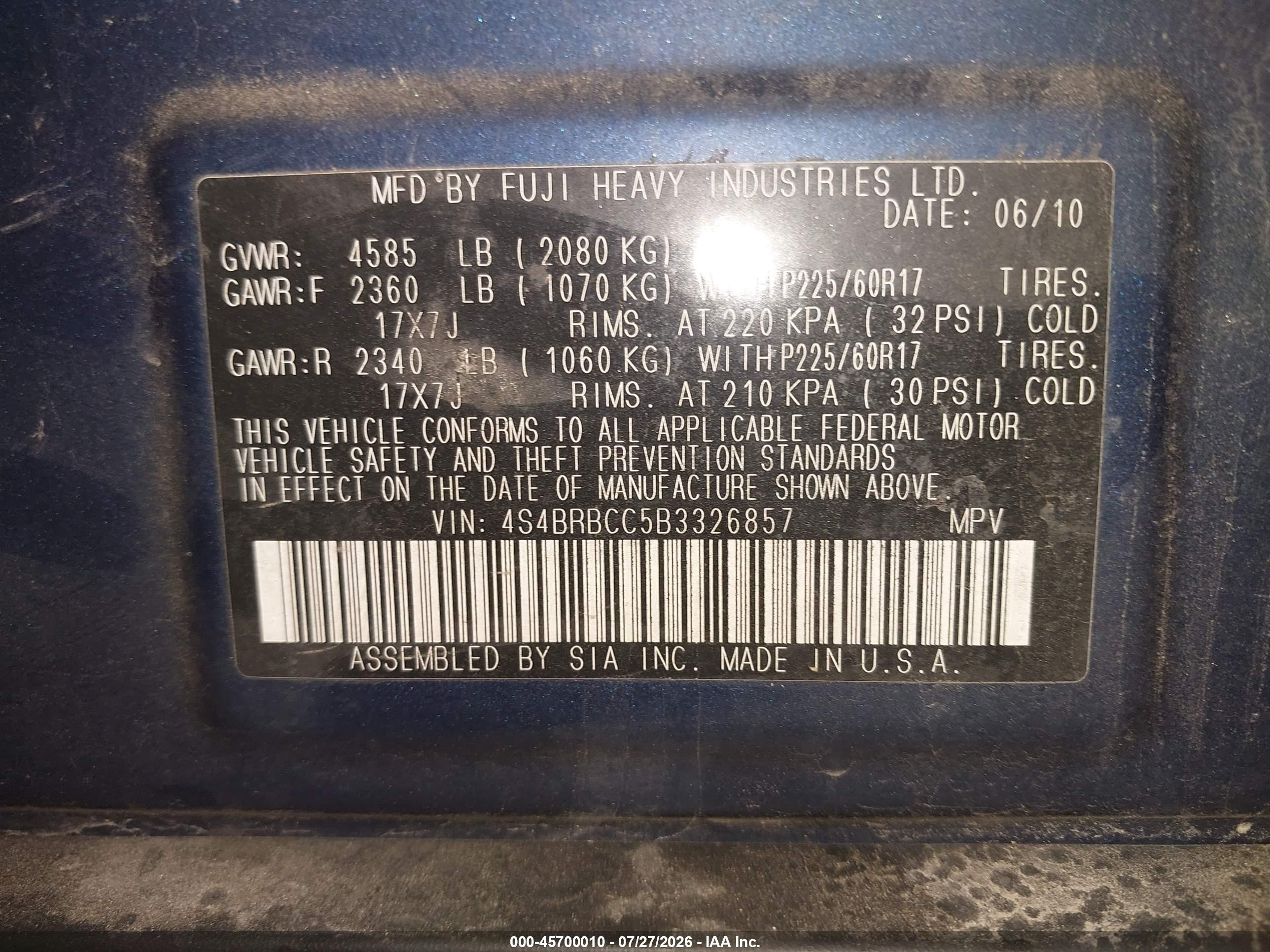 2011 Subaru Outback 2.5i Premium Dark Blue vin: 4S4BRBCC5B3326857