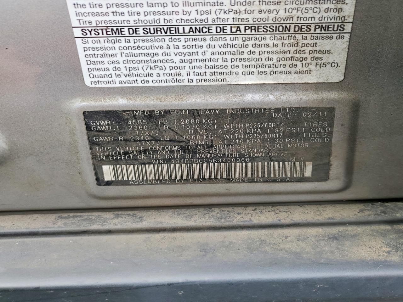 2011 Subaru Outback 2.5i Premium Silver vin: 4S4BRBCC5B3400360