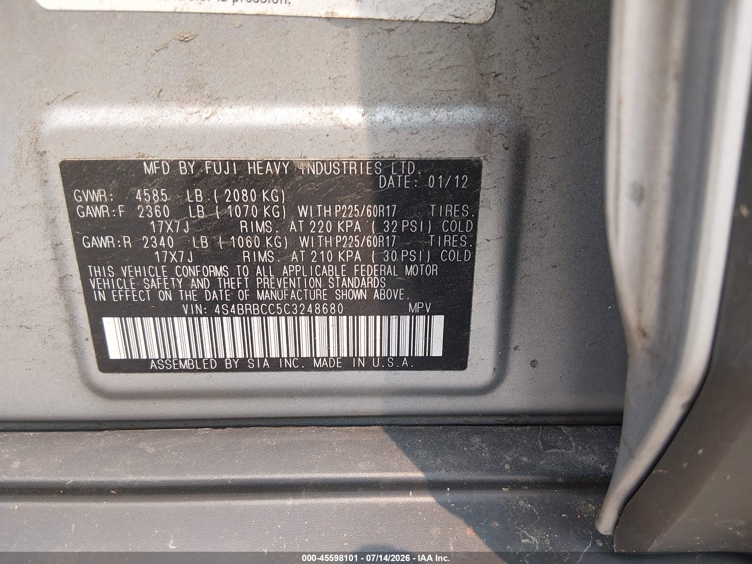 2012 Subaru Outback 2.5i Premium Silver vin: 4S4BRBCC5C3248680