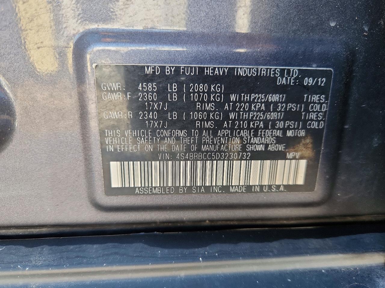 2013 Subaru Outback 2.5i Premium Charcoal vin: 4S4BRBCC5D3230732