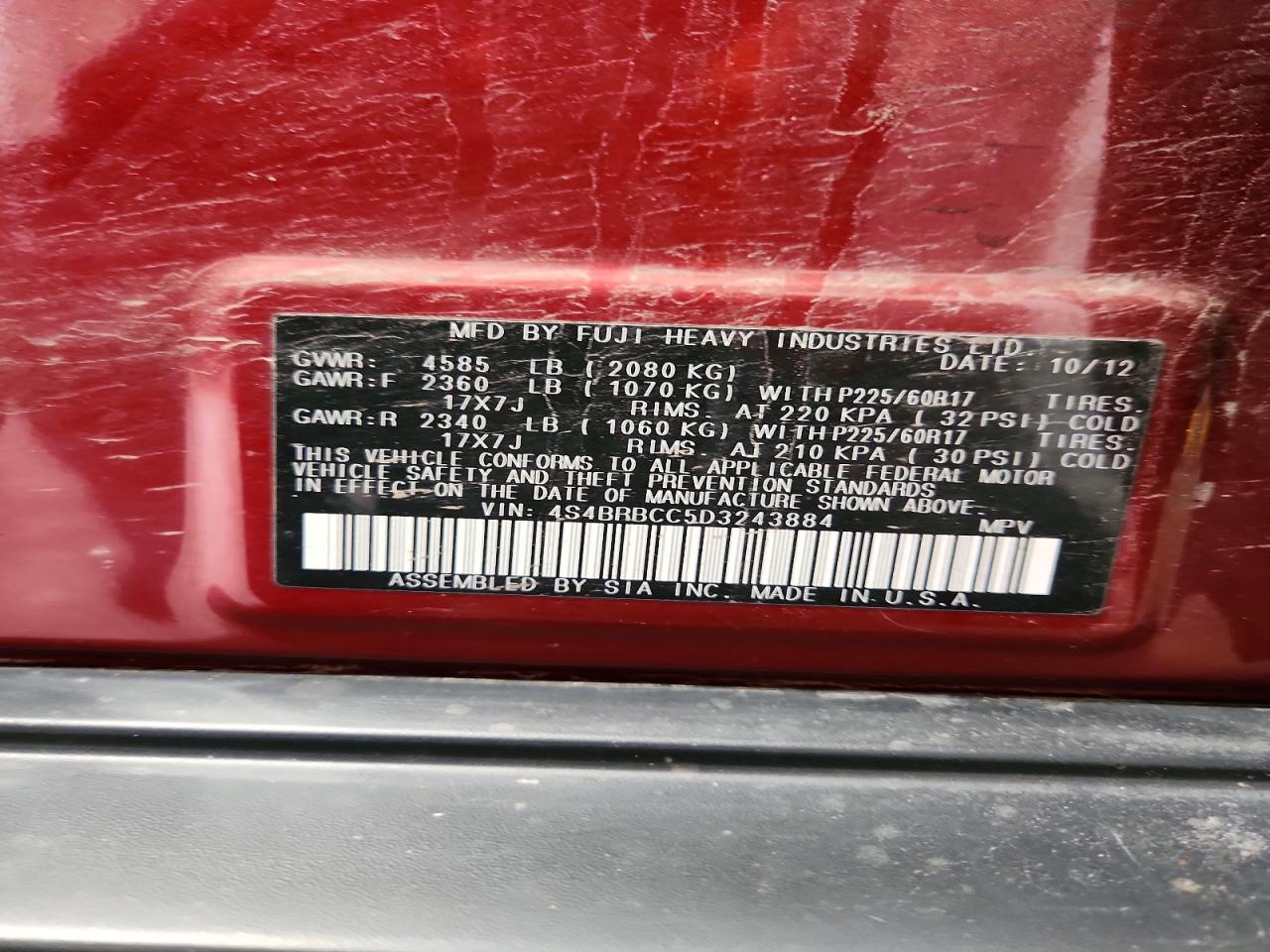 2013 Subaru Outback 2.5i Premium Red vin: 4S4BRBCC5D3243884