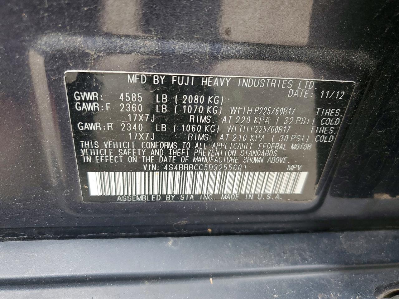2013 Subaru Outback 2.5i Premium Gray vin: 4S4BRBCC5D3255601
