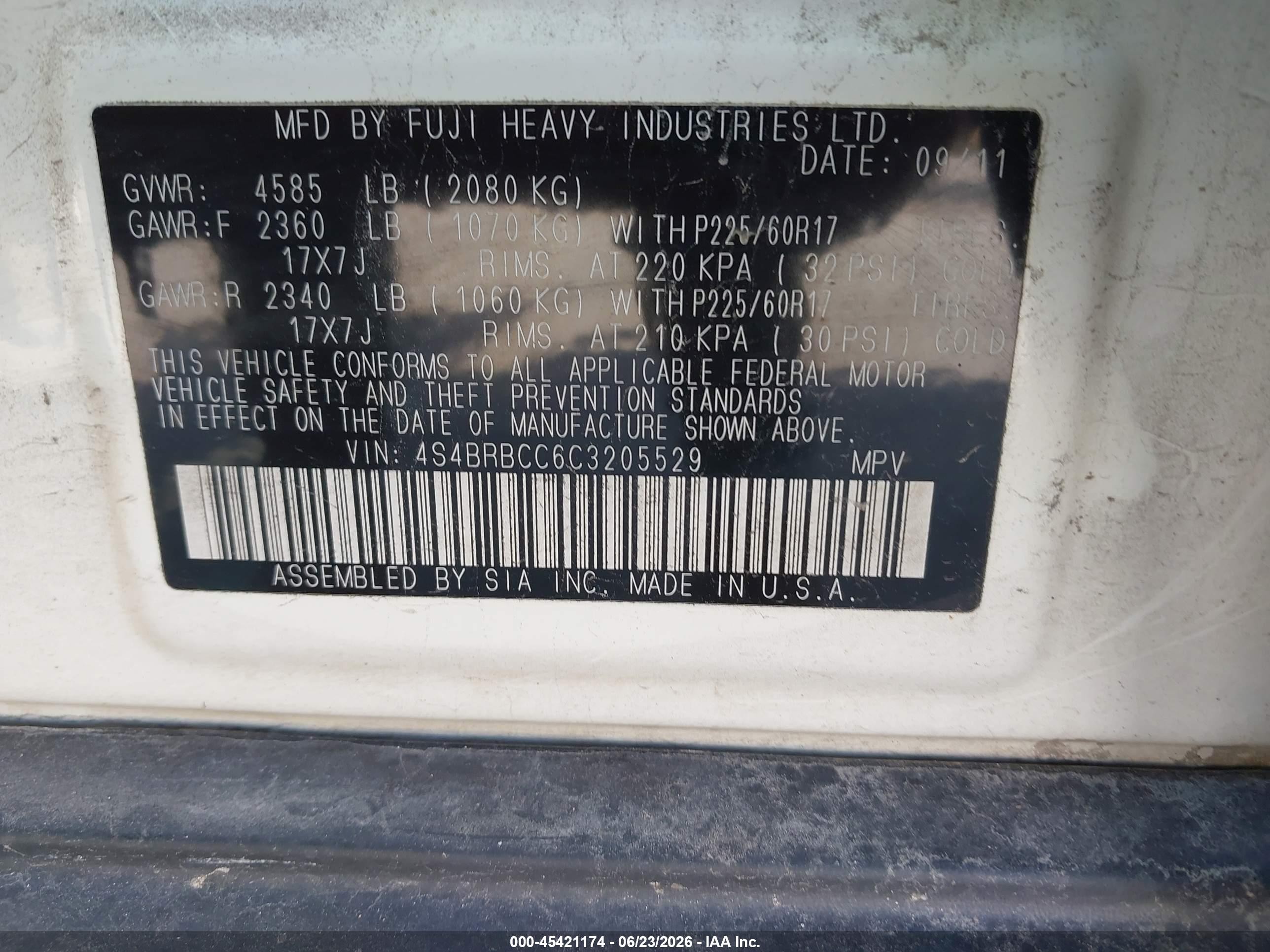 2012 Subaru Outback 2.5i Premium Белый vin: 4S4BRBCC6C3205529