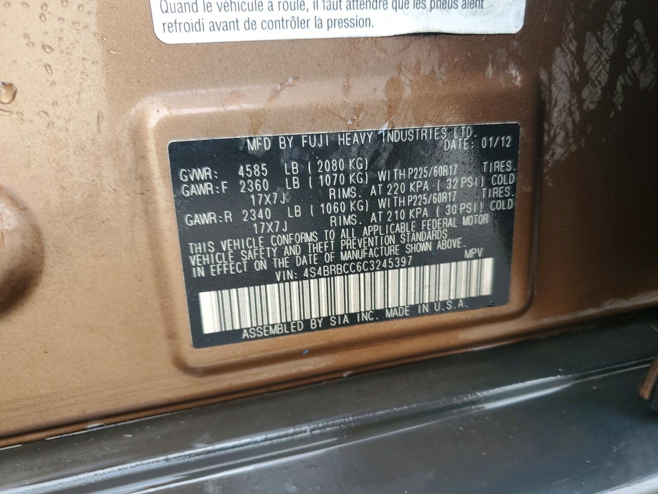 2012 Subaru Outback 2.5i Premium Brown vin: 4S4BRBCC6C3245397