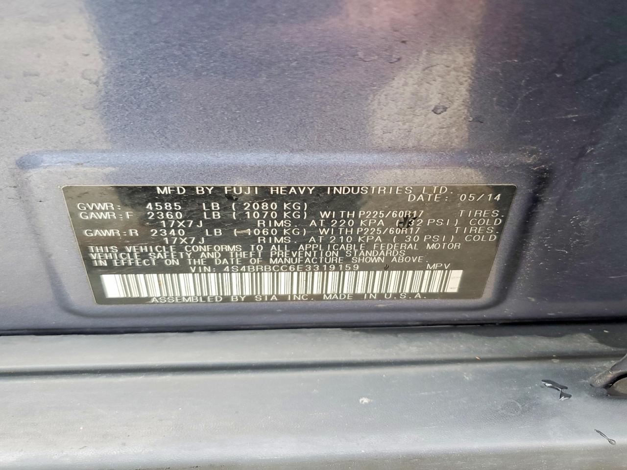 2014 Subaru Outback 2.5i Premium Blue vin: 4S4BRBCC6E3319159