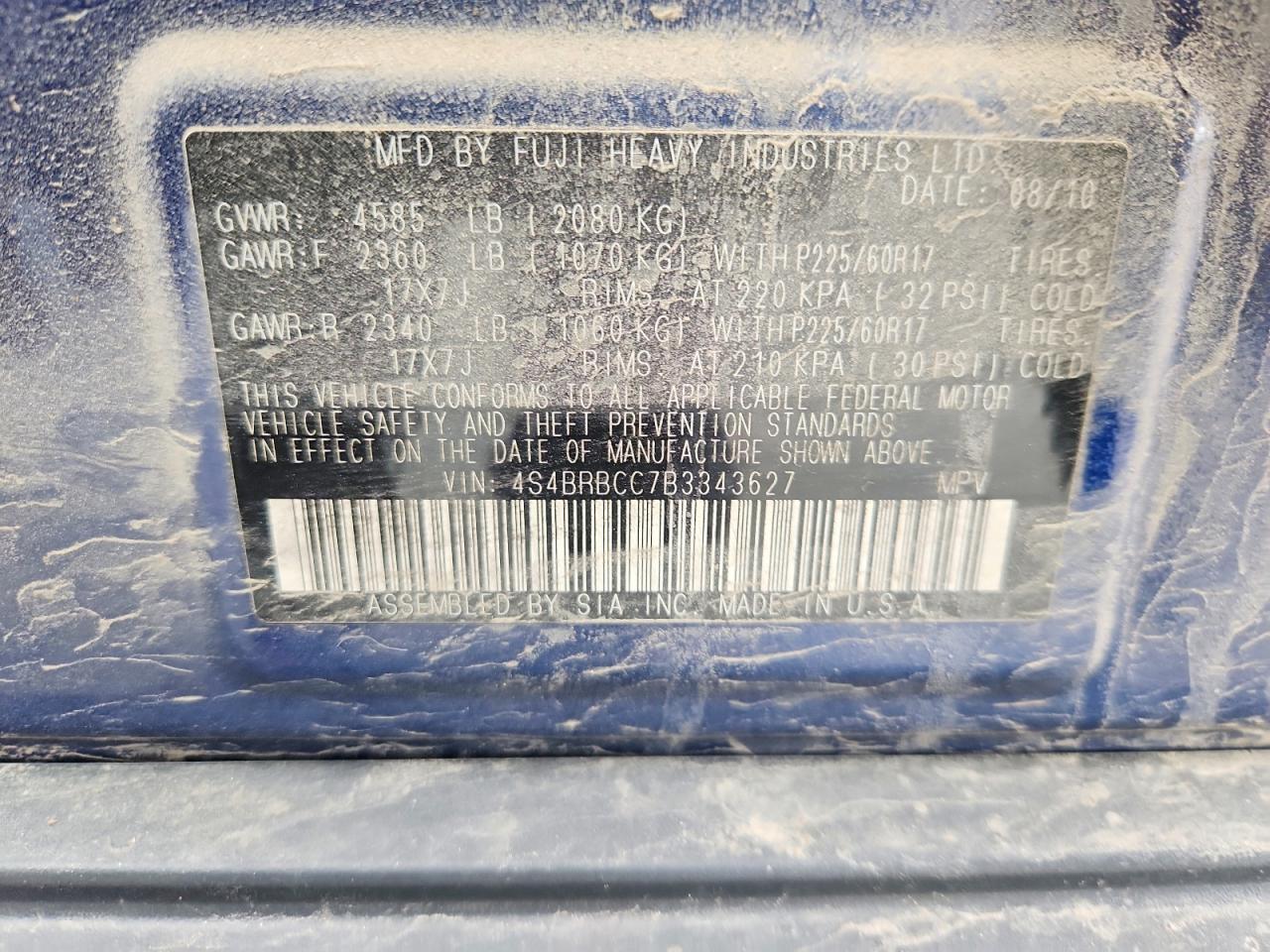 2011 Subaru Outback 2.5i Premium Blue vin: 4S4BRBCC7B3343627
