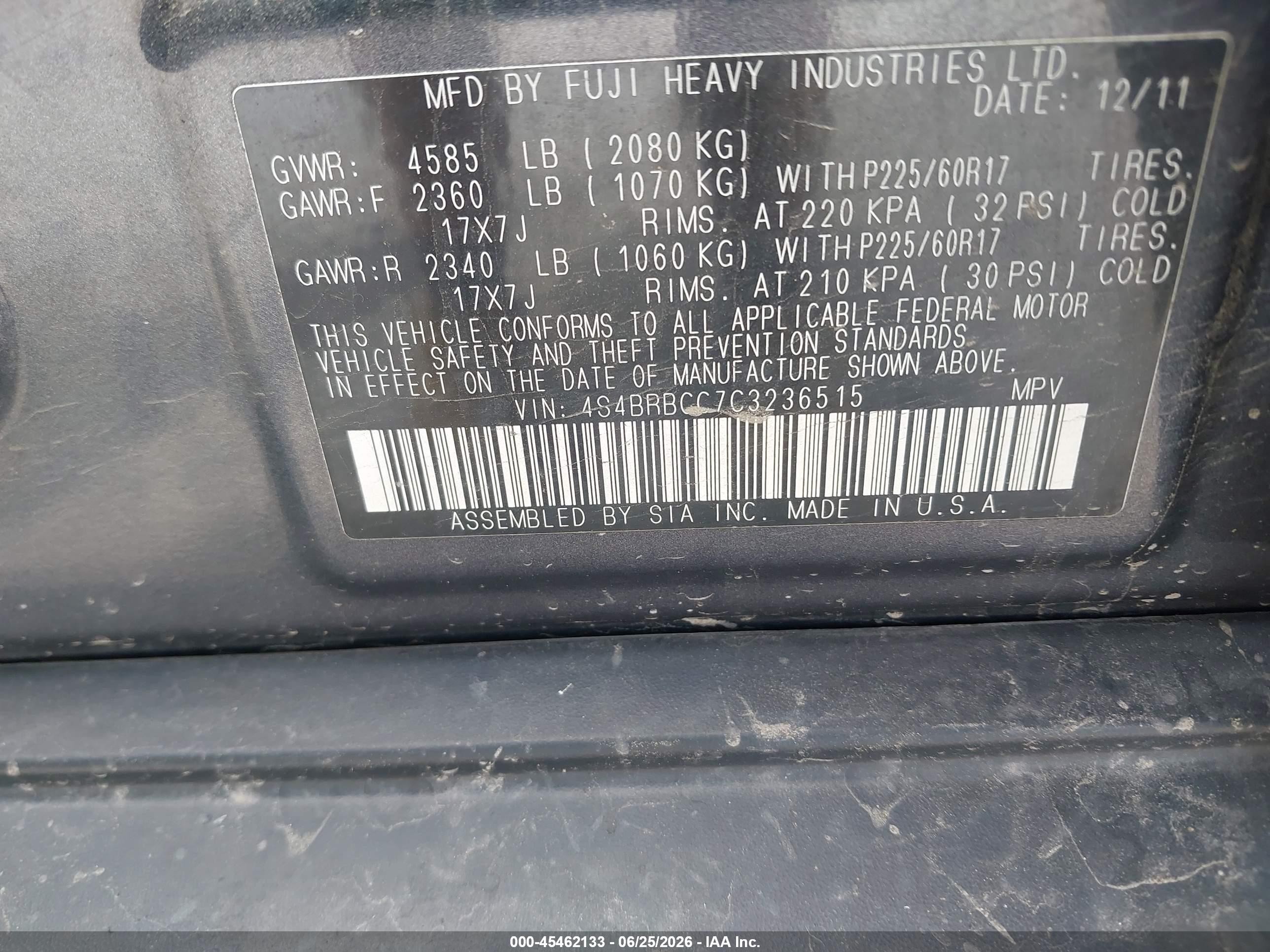 2012 Subaru Outback 2.5i Premium Blue vin: 4S4BRBCC7C3236515